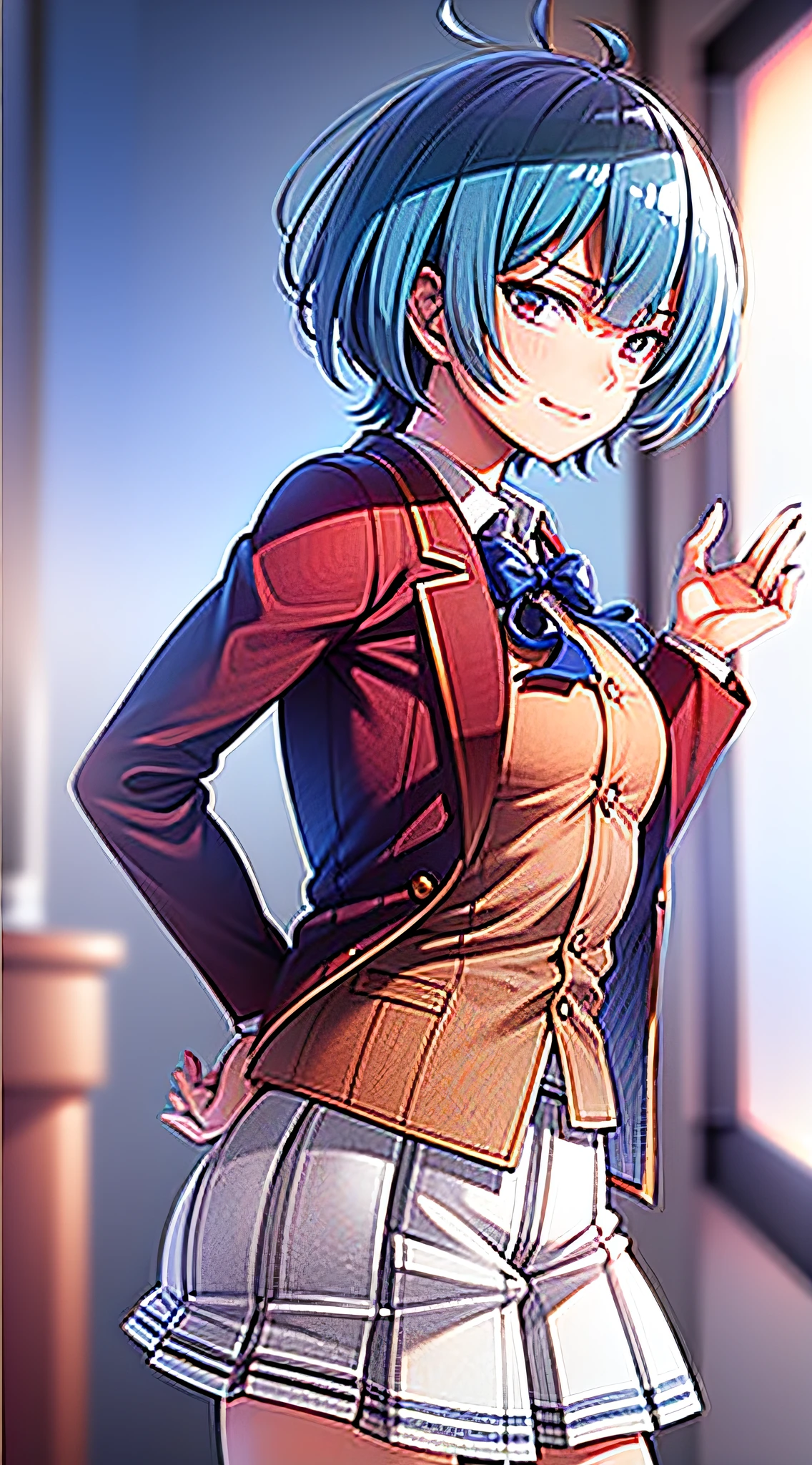 masterpiece, best quality, highres, 1girl ibuki mio short hair blue hair, white skirt red jacket open jacket smile, standing, indoors, from behind