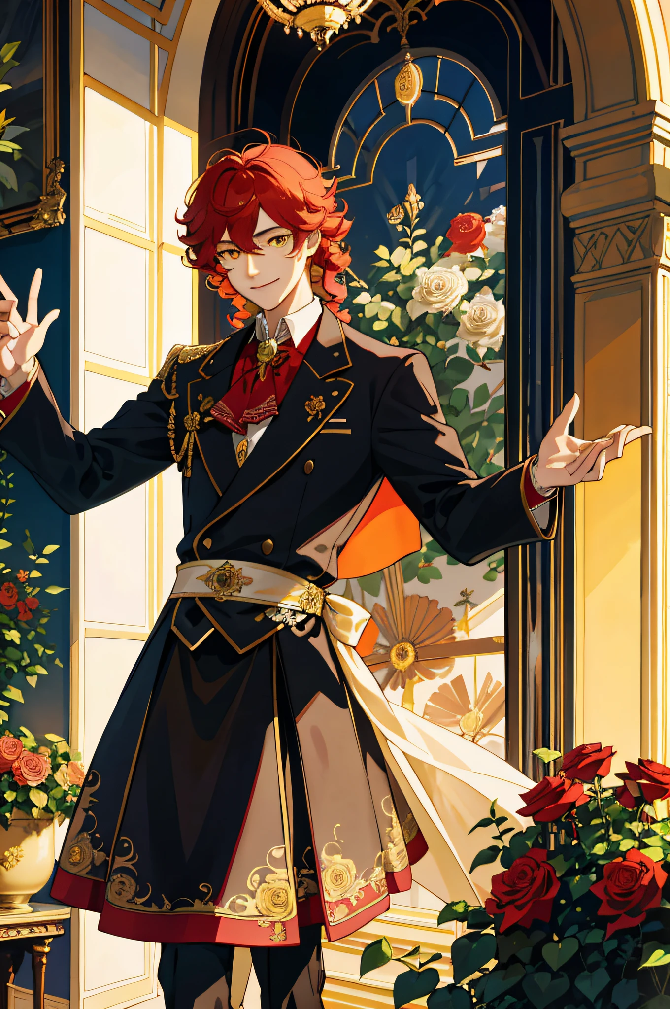 Masterpiece, best quality, 1 male, teenager, delicate eyes, intricate details, rich movements, delicate skirt, long red curls, yellow eyes, smile, gentle smile, sunlight, roses, flames, best light and shadow