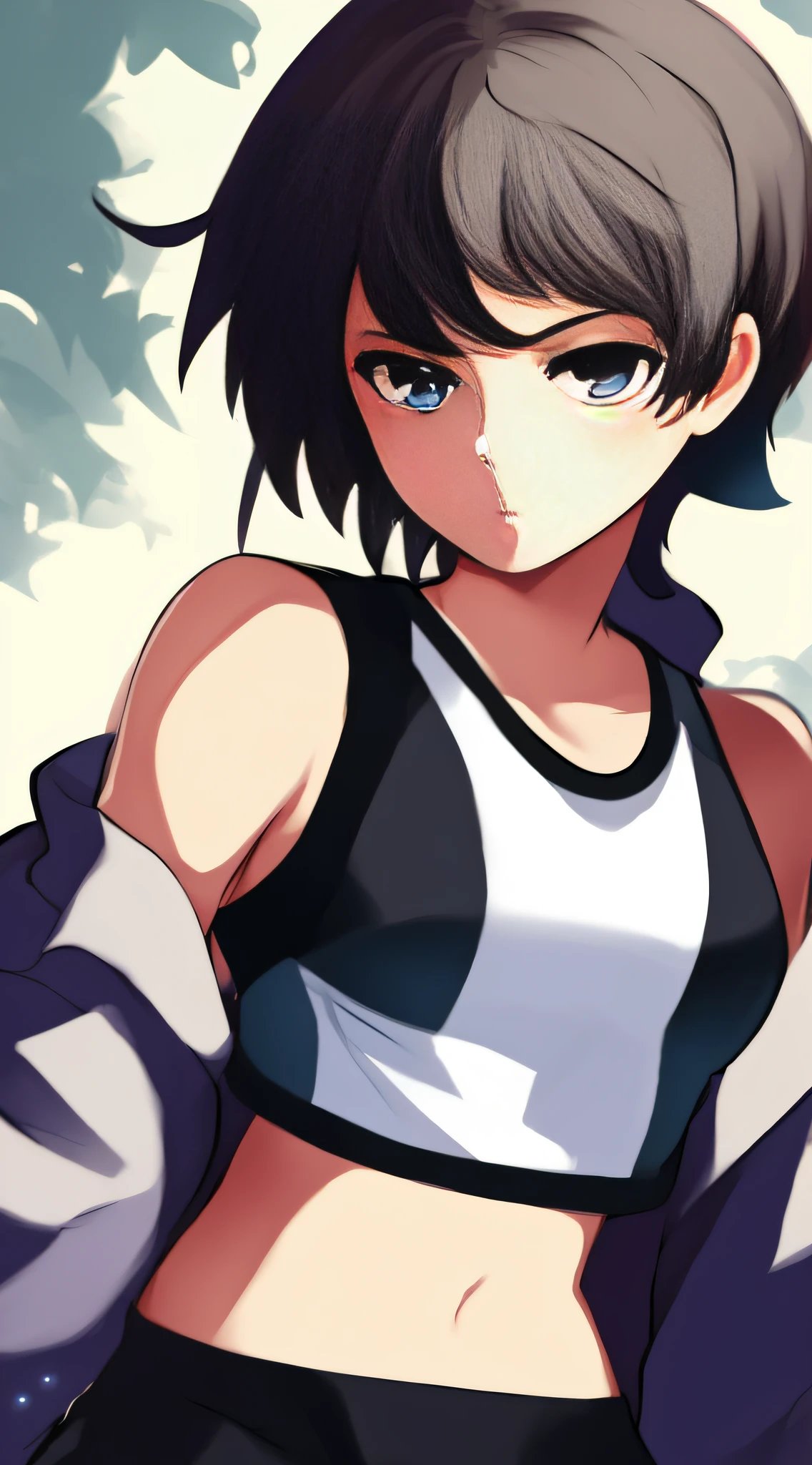 (最佳质量:1.0), young 1girl, unstunningly attractive, solo, mastery, best quality, tomboy, short hair, crop top, Hinghoi
