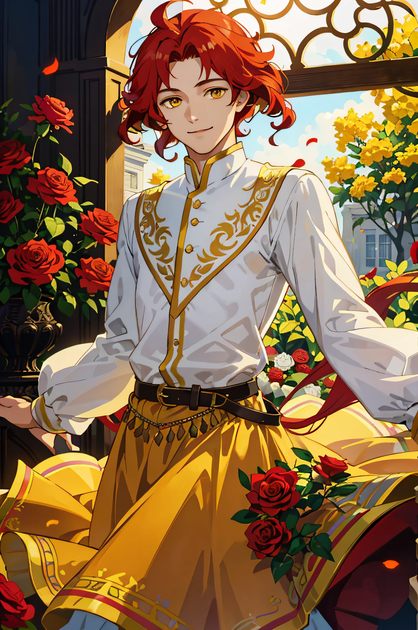 Masterpiece, best quality, 1 male, ager, delicate eyes, intricate details, rich movements, delicate skirt, long red curls, yellow eyes, smile, gentle smile, sunlight, roses, flames, best light and shadow