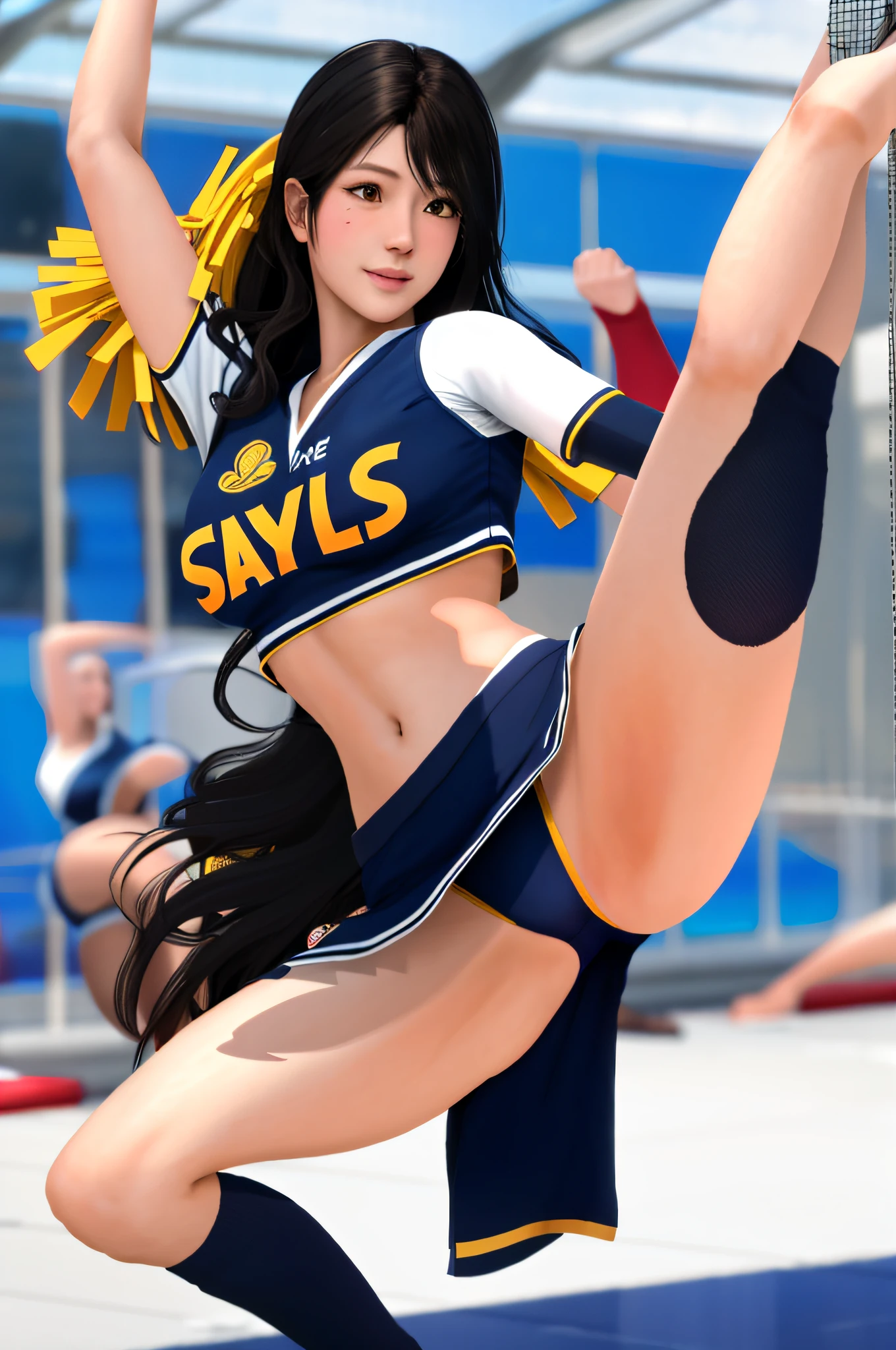 Sayuri, Long Black Hair, Loose Wavy, Cheerleading, High Kick, Underwear, Navy Blue
