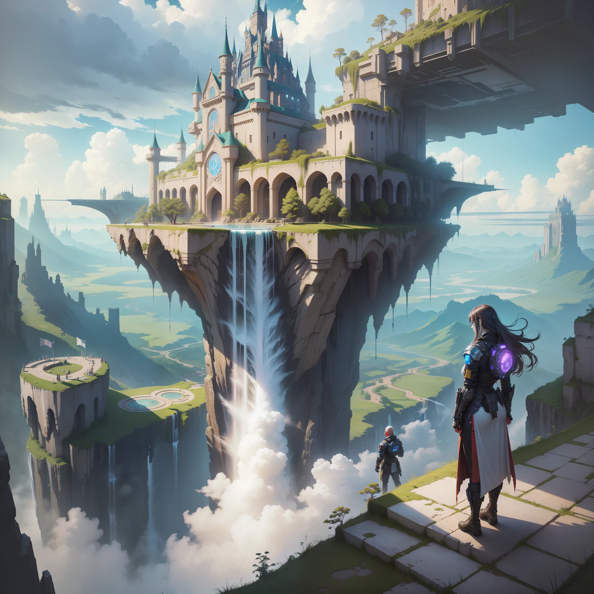 super huge castle cyberpunk sci-fi fantasy futuristic world top quality masterpiece waterfall aerial sky isekai