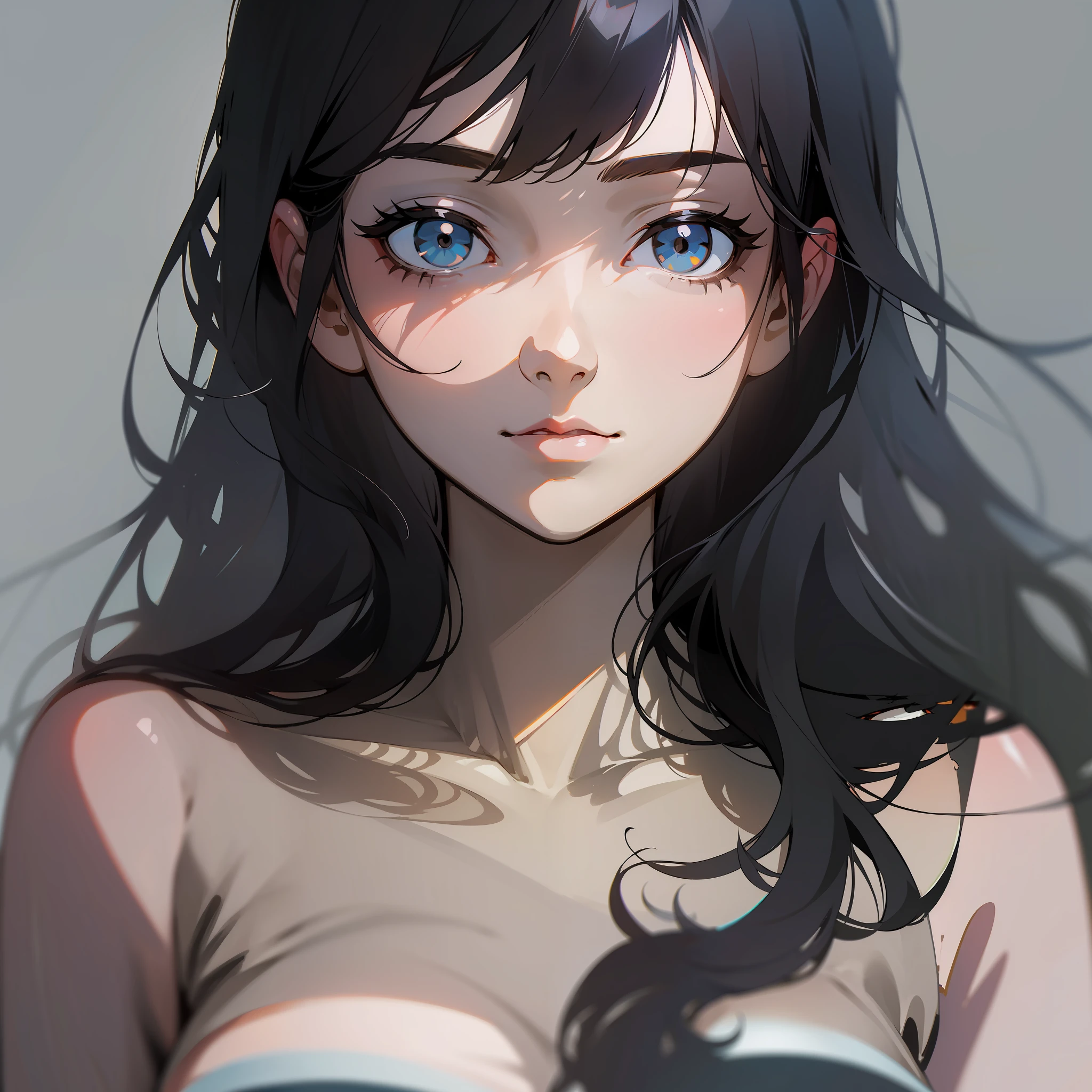 High-quality light and shadow, delicate comic style, minimalist black-haired girl, showing a light and dark shadow against a monochromatic background.