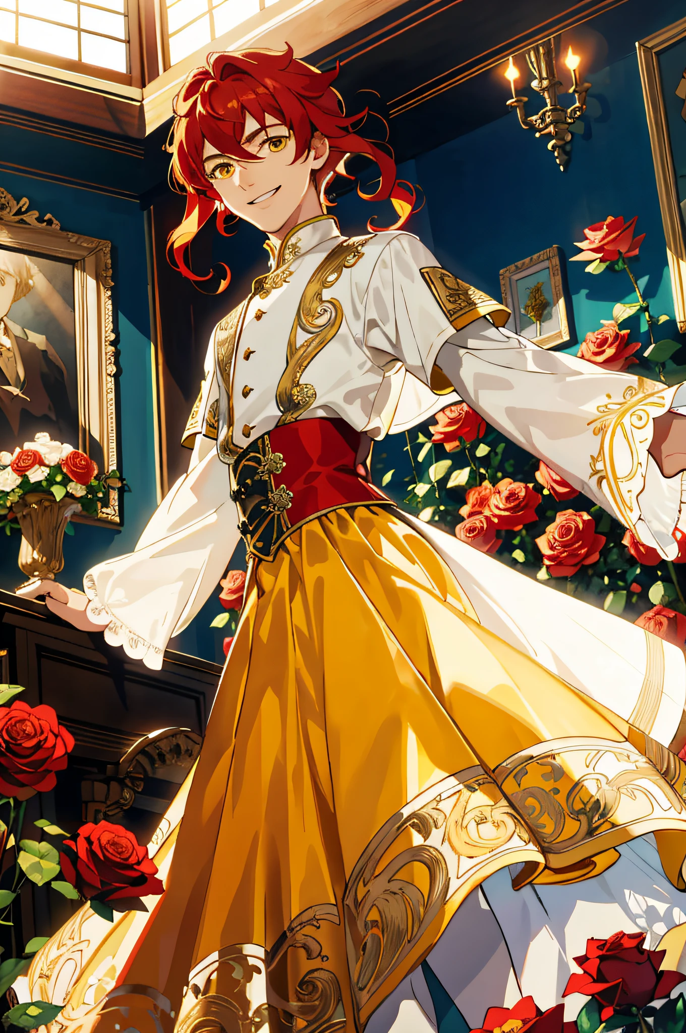 Masterpiece, best quality, 1 male, teenager, delicate eyes, intricate details, rich movements, delicate skirt, long red curls, yellow eyes, smile, gentle smile, sunlight, roses, flames, best light and shadow