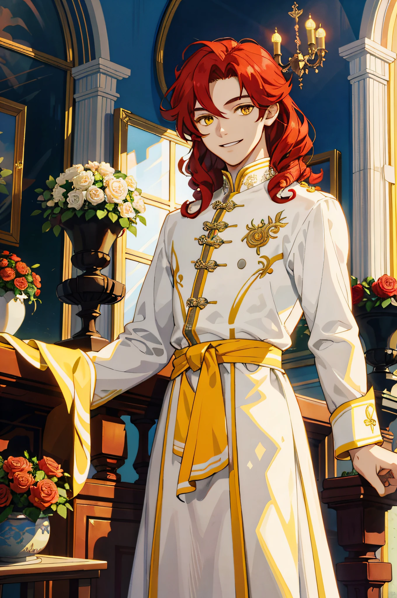 Masterpiece, best quality, 1 male, teenager, delicate eyes, intricate details, rich movements, delicate skirt, long red curls, yellow eyes, smile, gentle smile, sunlight, roses, flames, best light and shadow