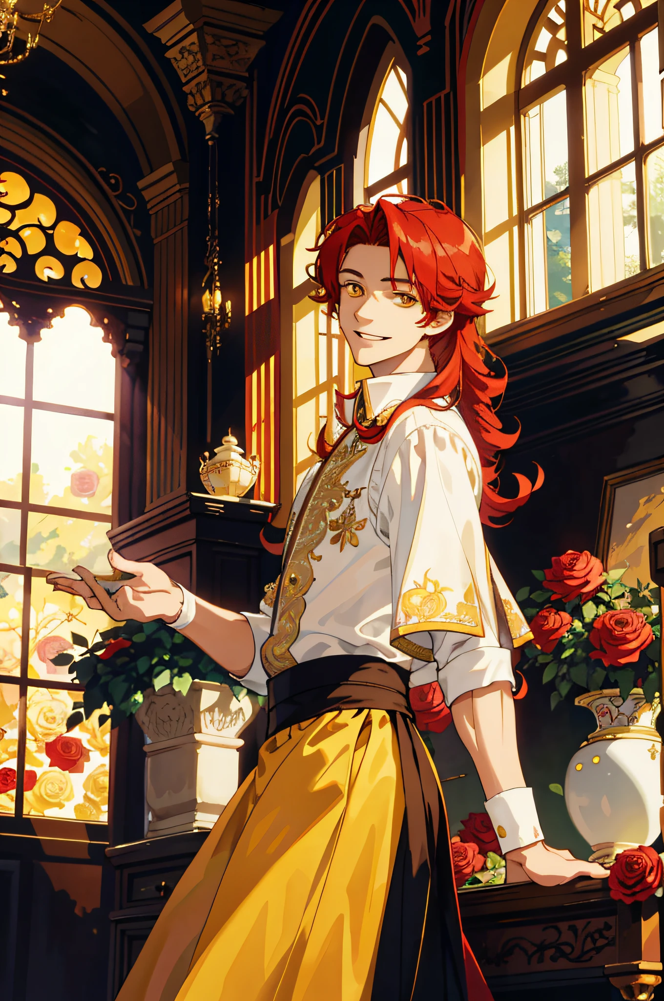 Masterpiece, best quality, 1 male, teenager, delicate eyes, intricate details, rich movements, delicate skirt, long red curls, yellow eyes, smile, gentle smile, sunlight, roses, flames, best light and shadow