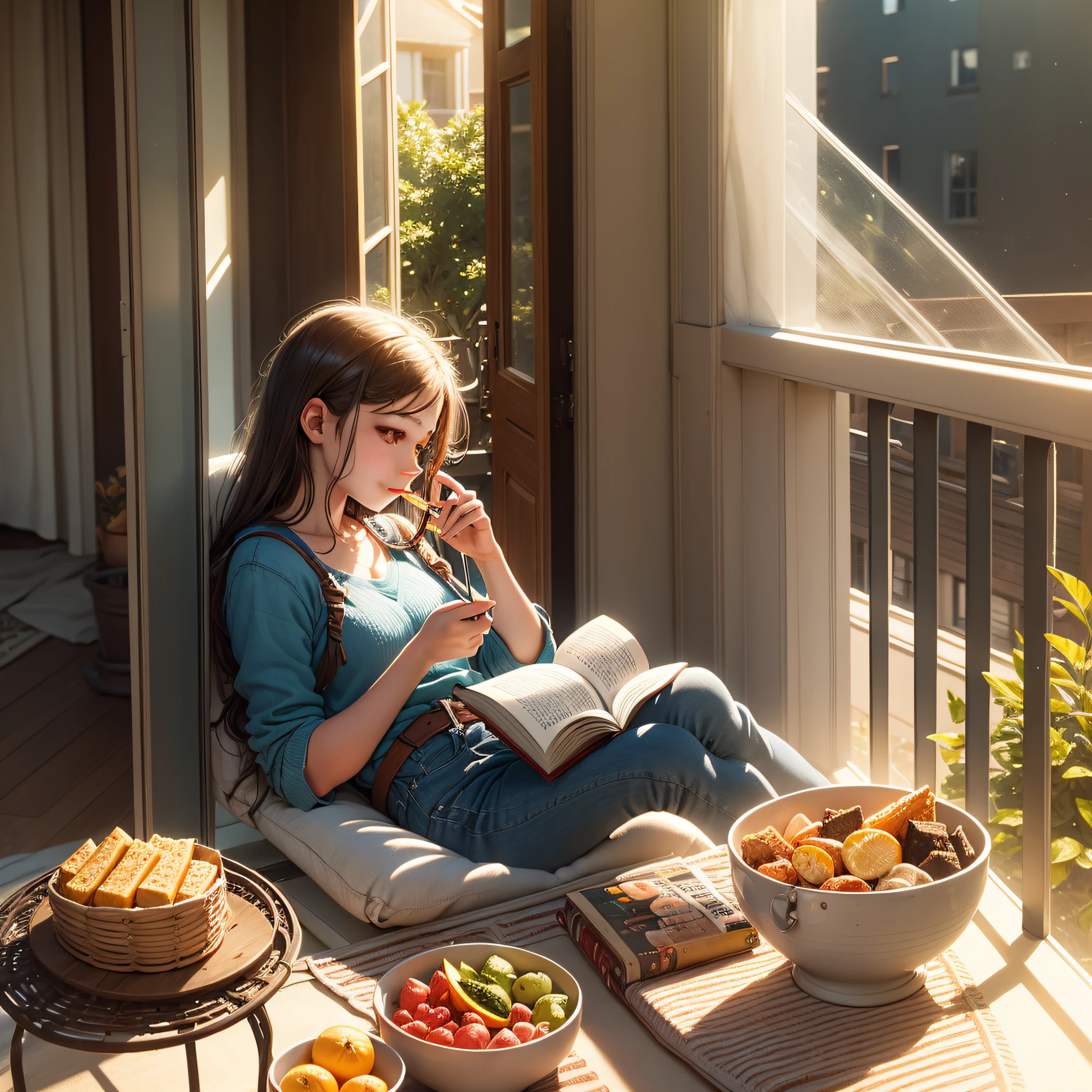 A girl reading a book, tool balcony, sun coming in, and small snacks next to it
