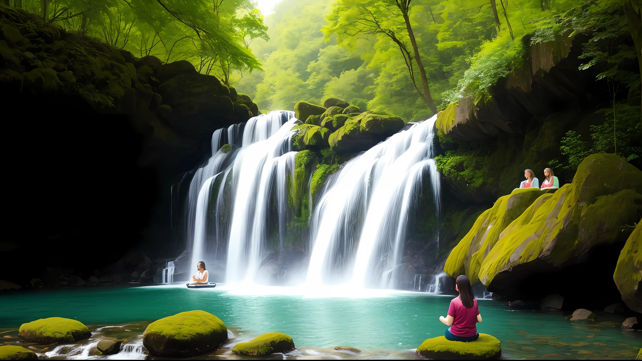 Image: nature with waterfall, people meditating