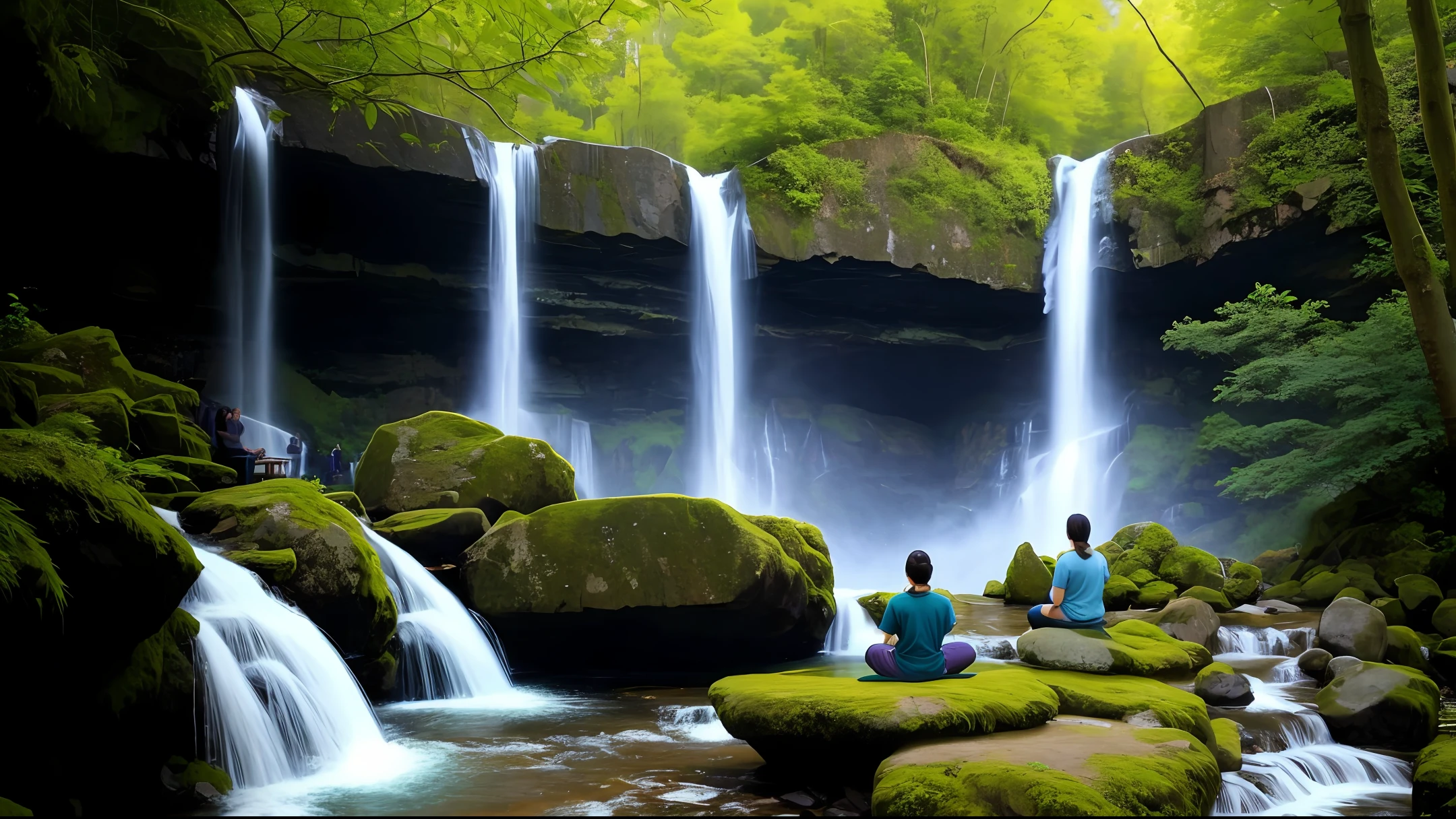 Image: nature with waterfall, people meditating