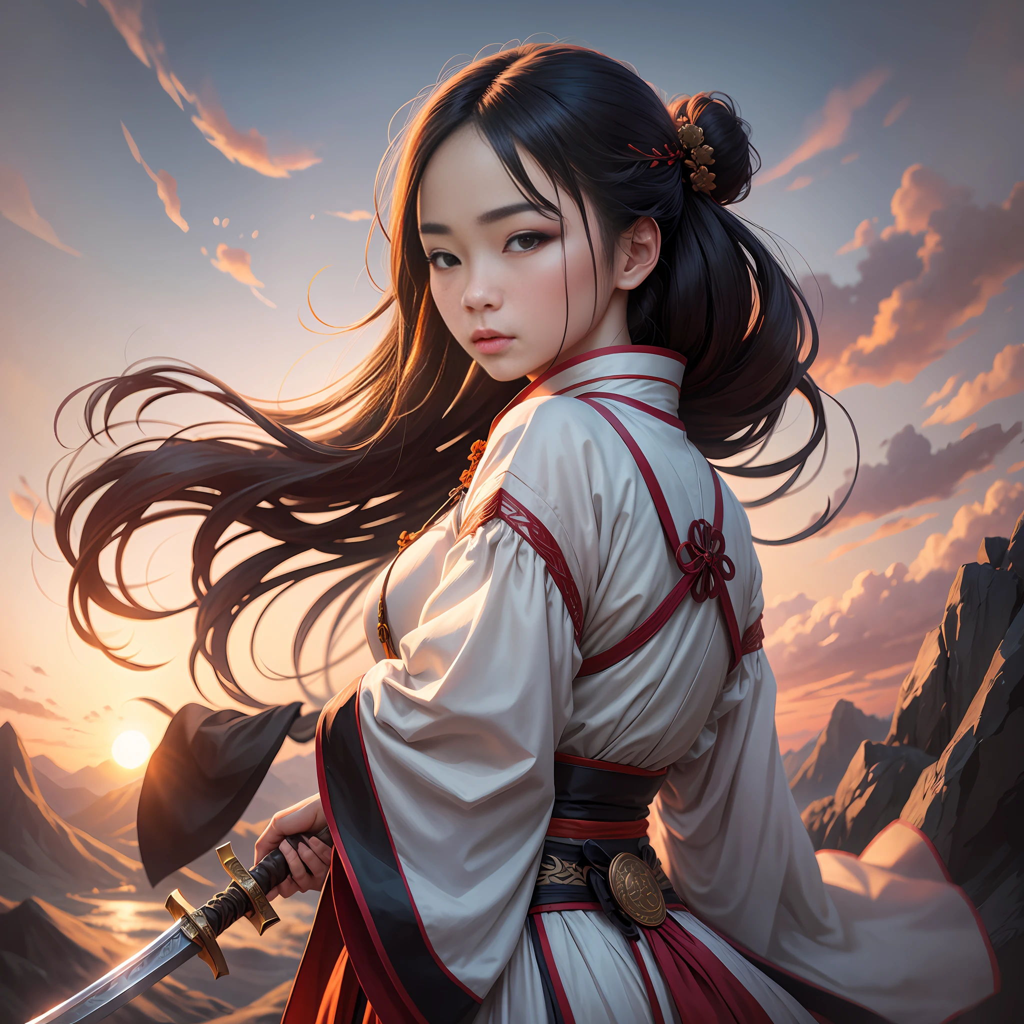 Asian Hanfu woman, on the mountain, sunset, wind blowing clothes and hair, carrying a sword, very imposing, very realistic picture, (high quality image) --auto --s2