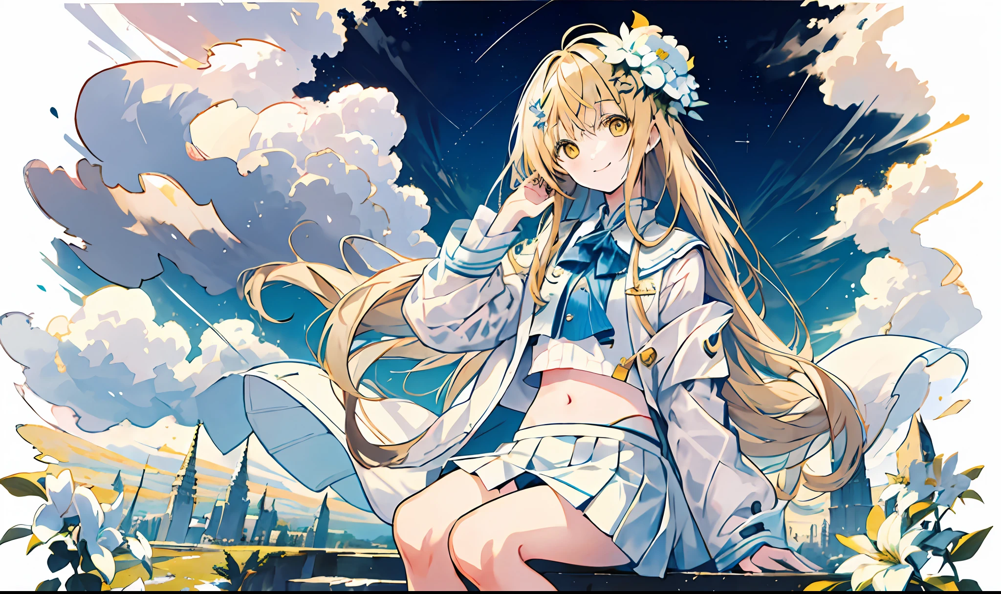 [(white background:1.5), ::5], masterpiece,best quality,official art,illustration,(dreamy),(colorful:1.3),perfect composition,absurdres,intricate details,fantasy,focused,(in the high air),Unable to see the ground,(above the cloud:1.4),(finely detailed modern lost_city:1.3),(lost_city towering above the clouds:1.2),epic,(focus_girl:1.4),(girl in city peak of Broken bridge), rule of thirds, white_jacket oversized_jacket, crop top, off shoulder, white pantyhouse, navel, plead skirt, miniskirt,very_long_hair,side, loose_hair,semi-rimless eyewear,overhead_viewer,wind blow at viewer,side_face, (ground is starry_sky),smile,sitting,(depth_of_field), shiina mahiru, yellow eyes, blond hair, flower hair ornament