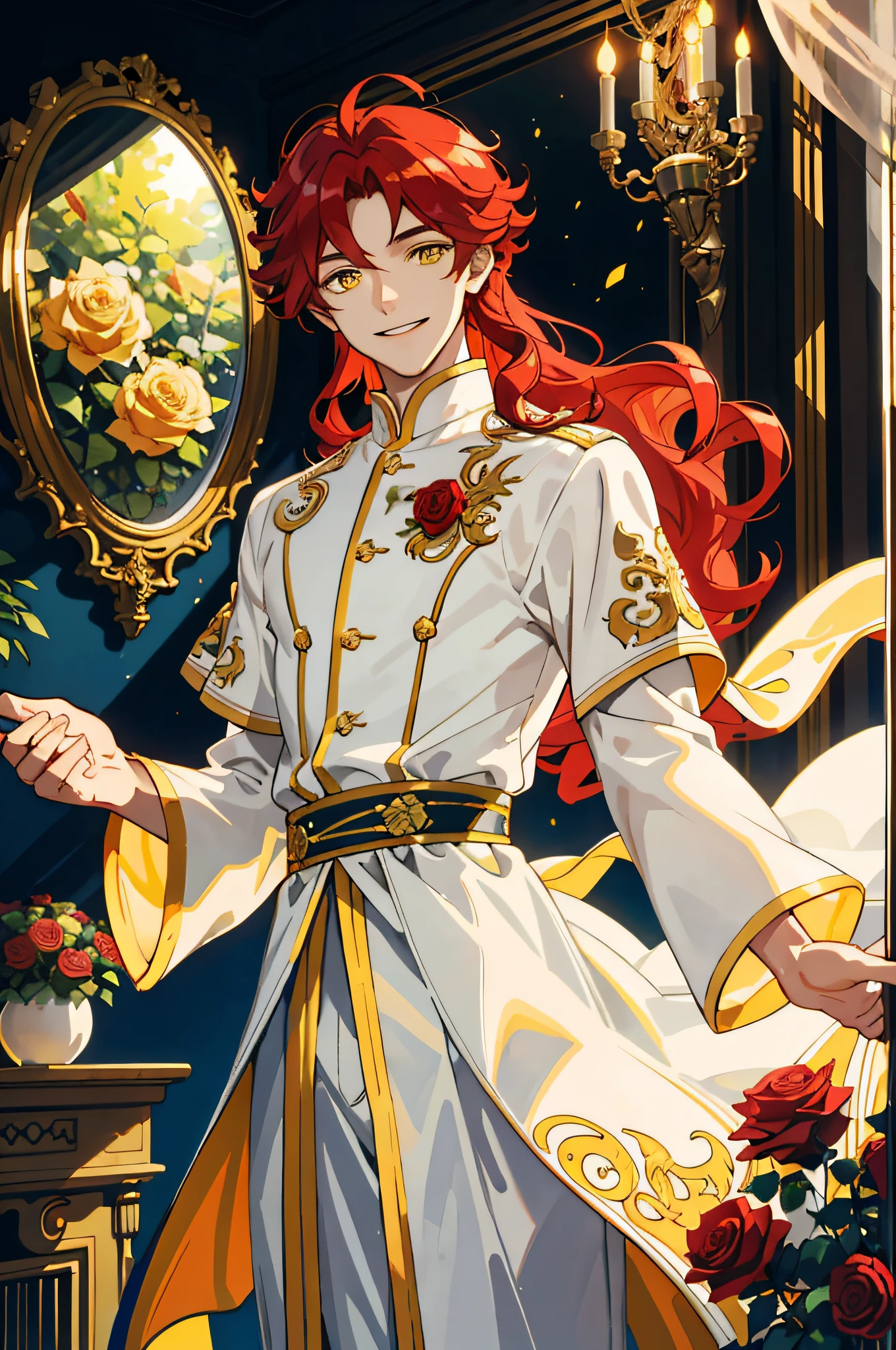 Masterpiece, best quality, 1 male, teenager, delicate eyes, intricate details, rich movements, delicate skirt, long red curls, yellow eyes, smile, gentle smile, sunlight, roses, flames, best light and shadow