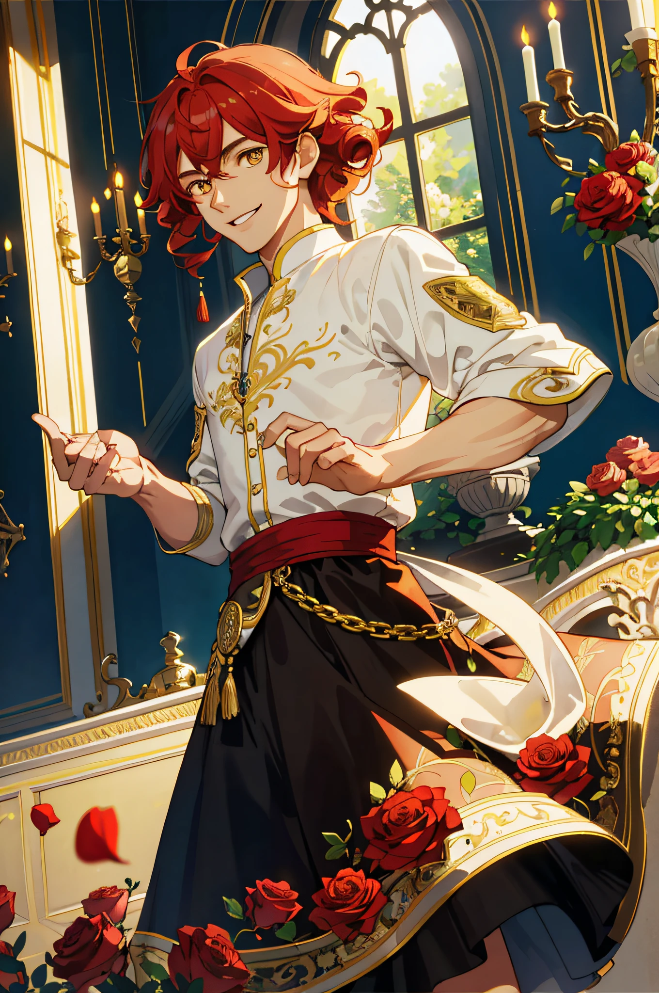 Masterpiece, best quality, 1 male, teenager, delicate eyes, intricate details, rich movements, delicate skirt, long red curls, yellow eyes, smile, gentle smile, sunlight, roses, flames, best light and shadow