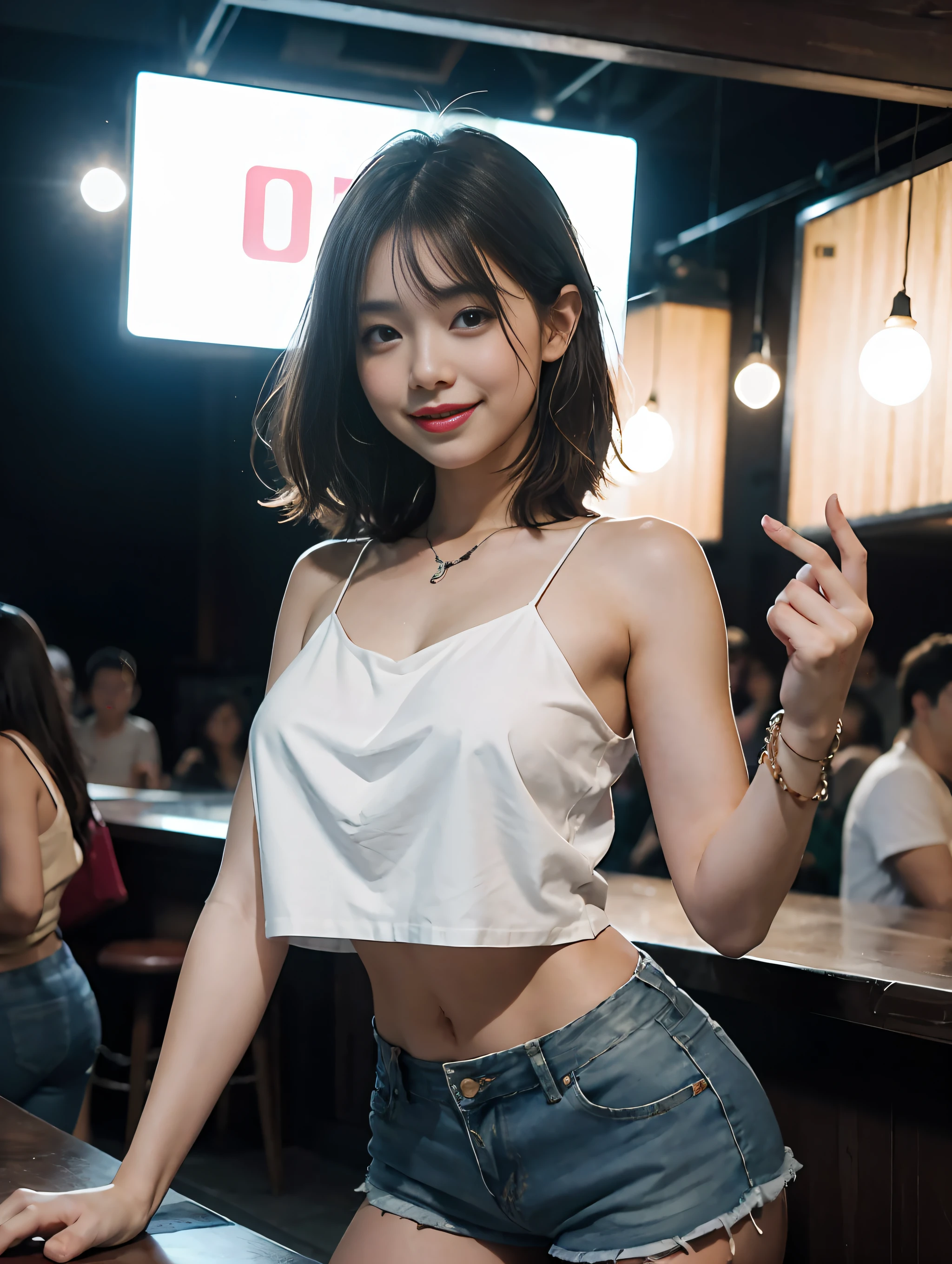 Girl dancing in crowd in a bar in white camisole top and denim short shorts while smiling and looking at me in night and disco light, (music festival),big breasts, standing,raw photo, best quality, masterpiece award winning,UHD,16k, ((feeling from music)), from top,