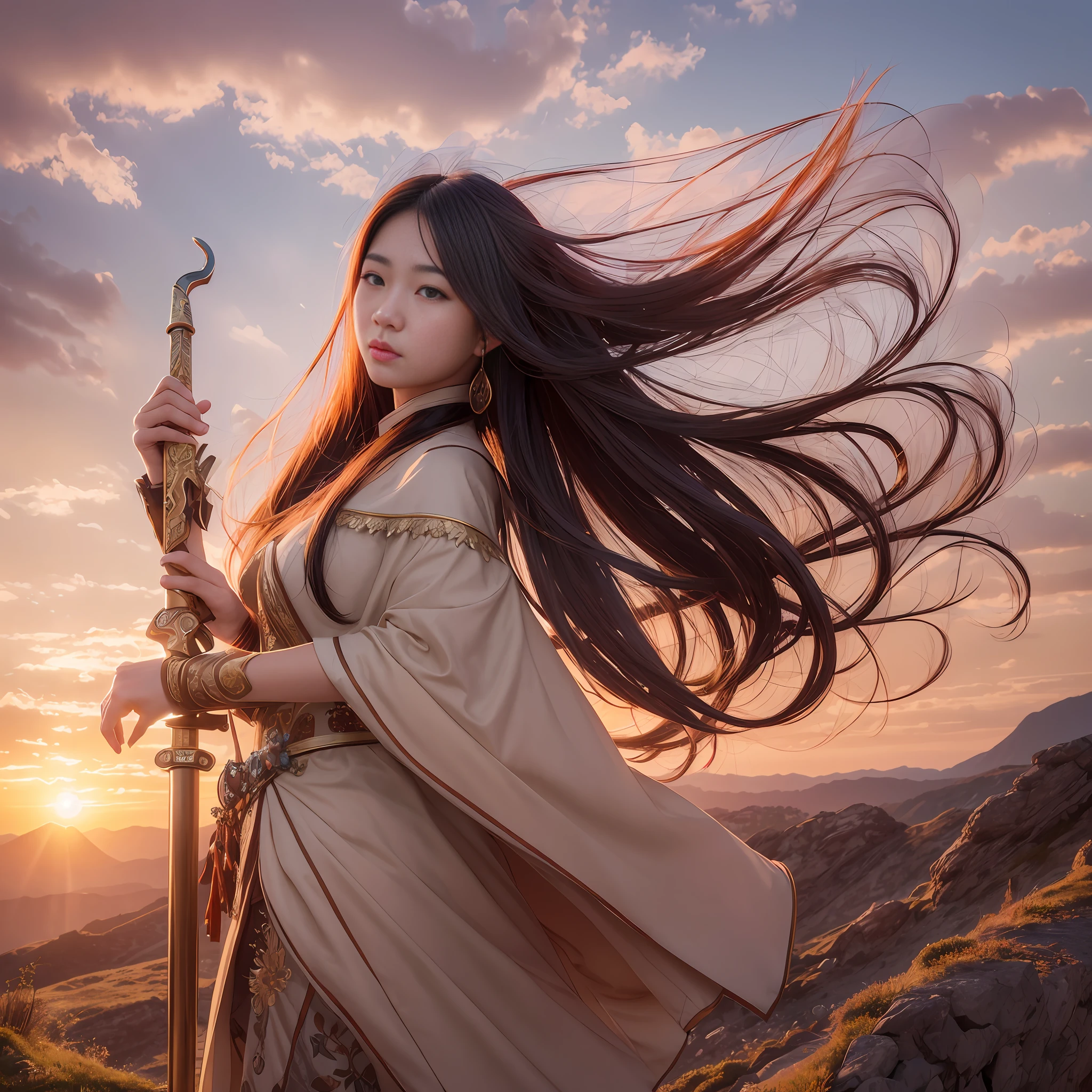 Asian woman, kind of like a fairy, on the mountain, sunset, wind blowing clothes and hair, carrying a sword, very imposing, very realistic pictures, (high quality pictures) --auto --s2