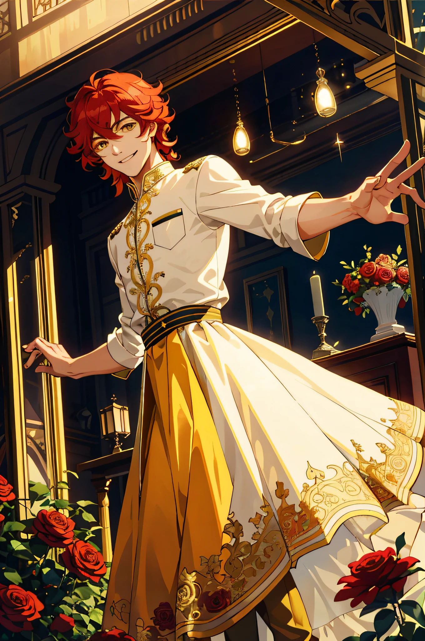 Masterpiece, best quality, 1 male, teenager, delicate eyes, intricate details, rich movements, delicate skirt, long red curls, yellow eyes, smile, gentle smile, sunlight, roses, flames, best light and shadow