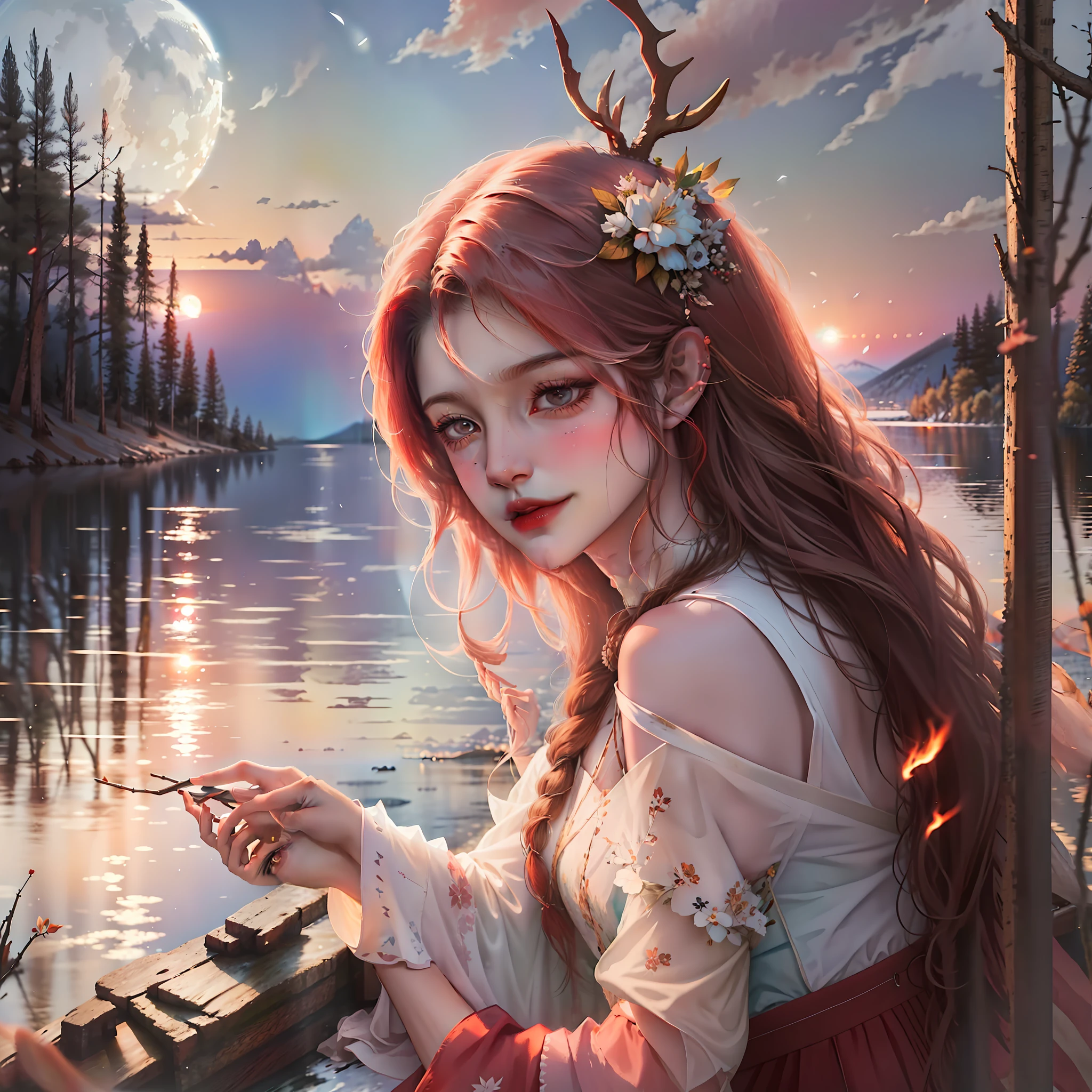 Cinematic, epic, high-quality Widescreen, soft and delicate coloring, rural sunset, close-up of characters, narrow lake, floral skirt, a deer, where the moonlight falls, the warmth of the campfire, the quiet lake lingering, the backlight sweet smile.