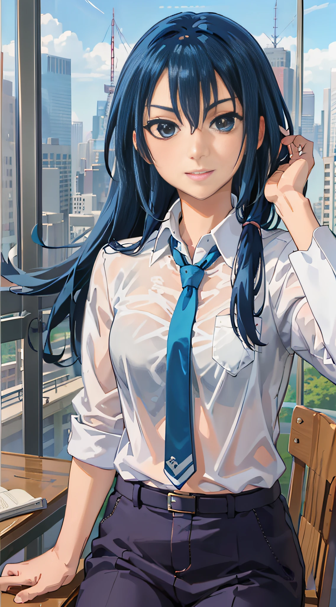 (masterpiece, best quality:1.2), cowboy shot, solo, 1girl, kunieda aoi, smile, looking at viewer, hand in own hair, blue hair, school uniform, blazer, necktie, pants, classroom