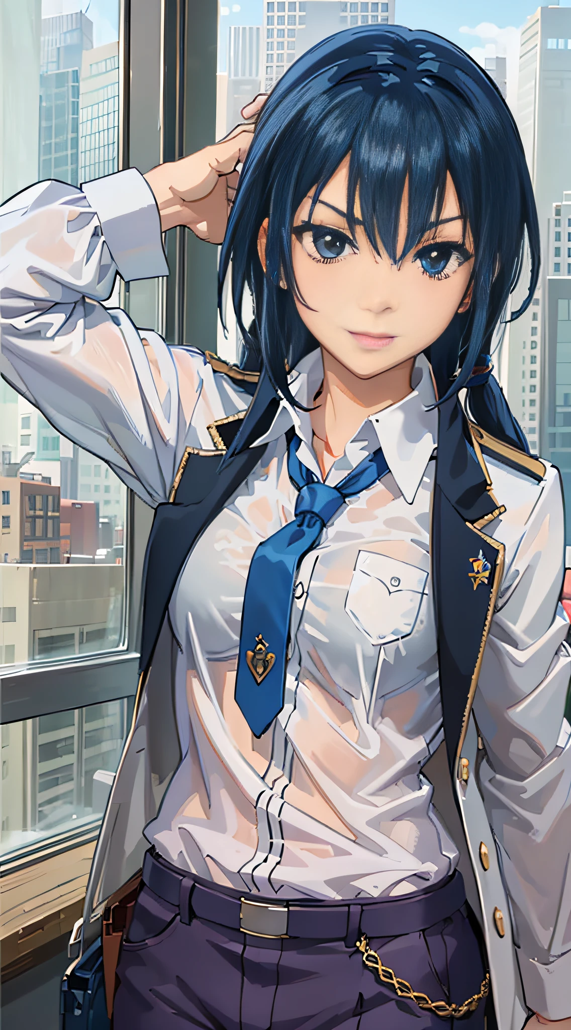 (masterpiece, best quality:1.2), cowboy shot, solo, 1girl, kunieda aoi, smile, looking at viewer, hand in own hair, blue hair, school uniform, blazer, necktie, pants, classroom