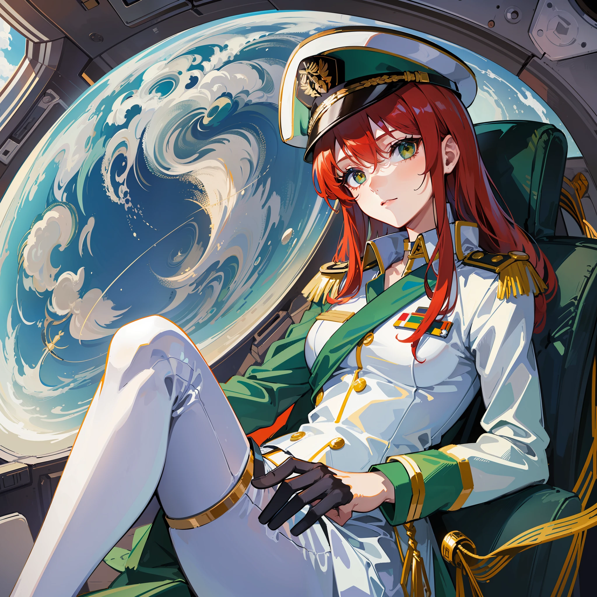 ((Masterpiece)), ((Highest Image Quality)), ((Best Quality)), (Illustration of One Girl), Full Body, 25 Years Old, long Red Hair, (Thin Hair on Both Sides of Face), green Eyes, (((Tall)), ((Muscular Strong Body)), ((Manspreading)), Open Legs, (((Military Uniform)), (Military Hat)), (Military Coat)), (White Clothes), (White Pants), (White Hat), Trench Coat, ((Inside the spaceship, sitting in the captain's seat)), (outside the window, space, Earth seen from space, spaceport)