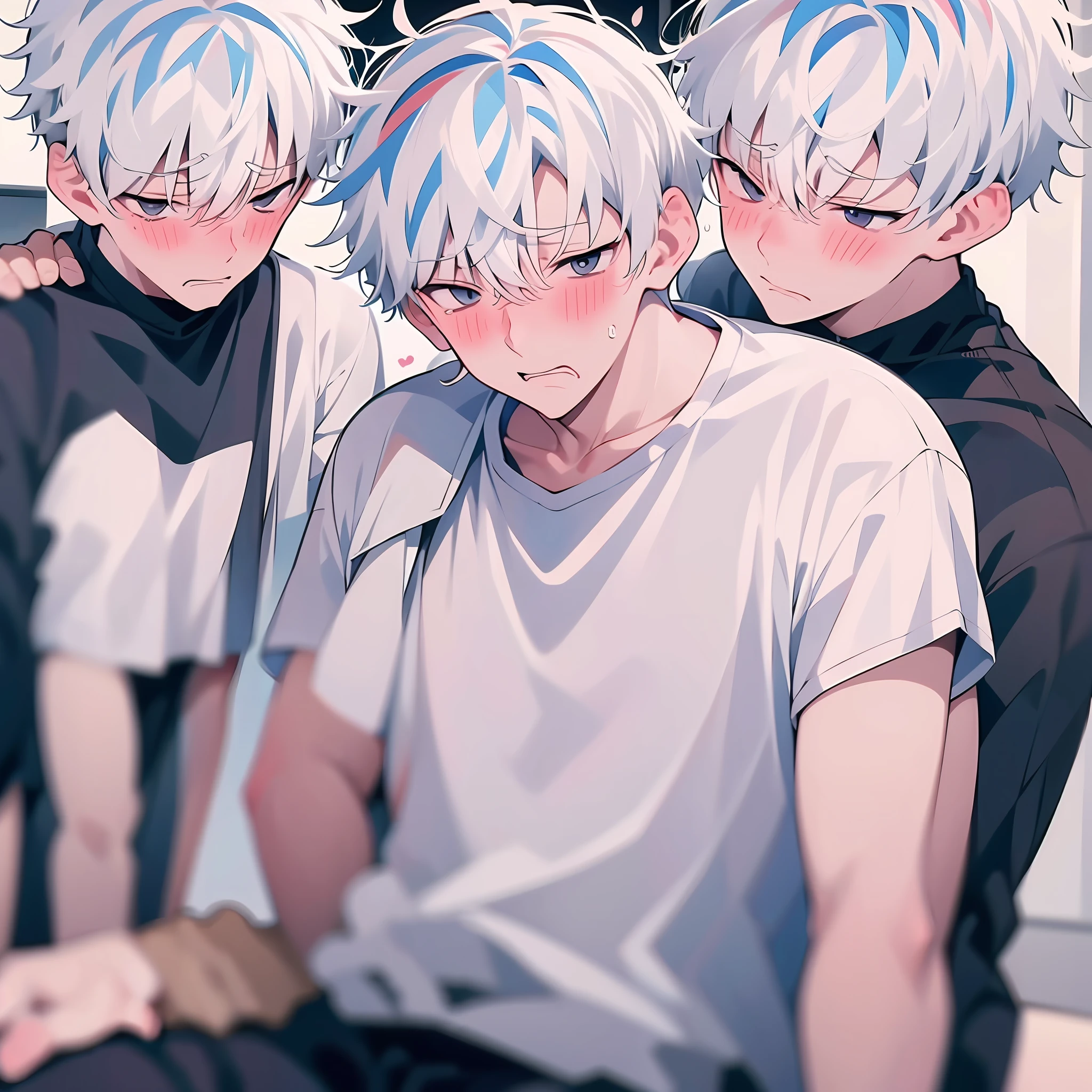 Weak boy, white hair, white shirt, expression crying sitting on the ground, surrounded by several men, upper body, blush, shy, Korean manga style, wide shot