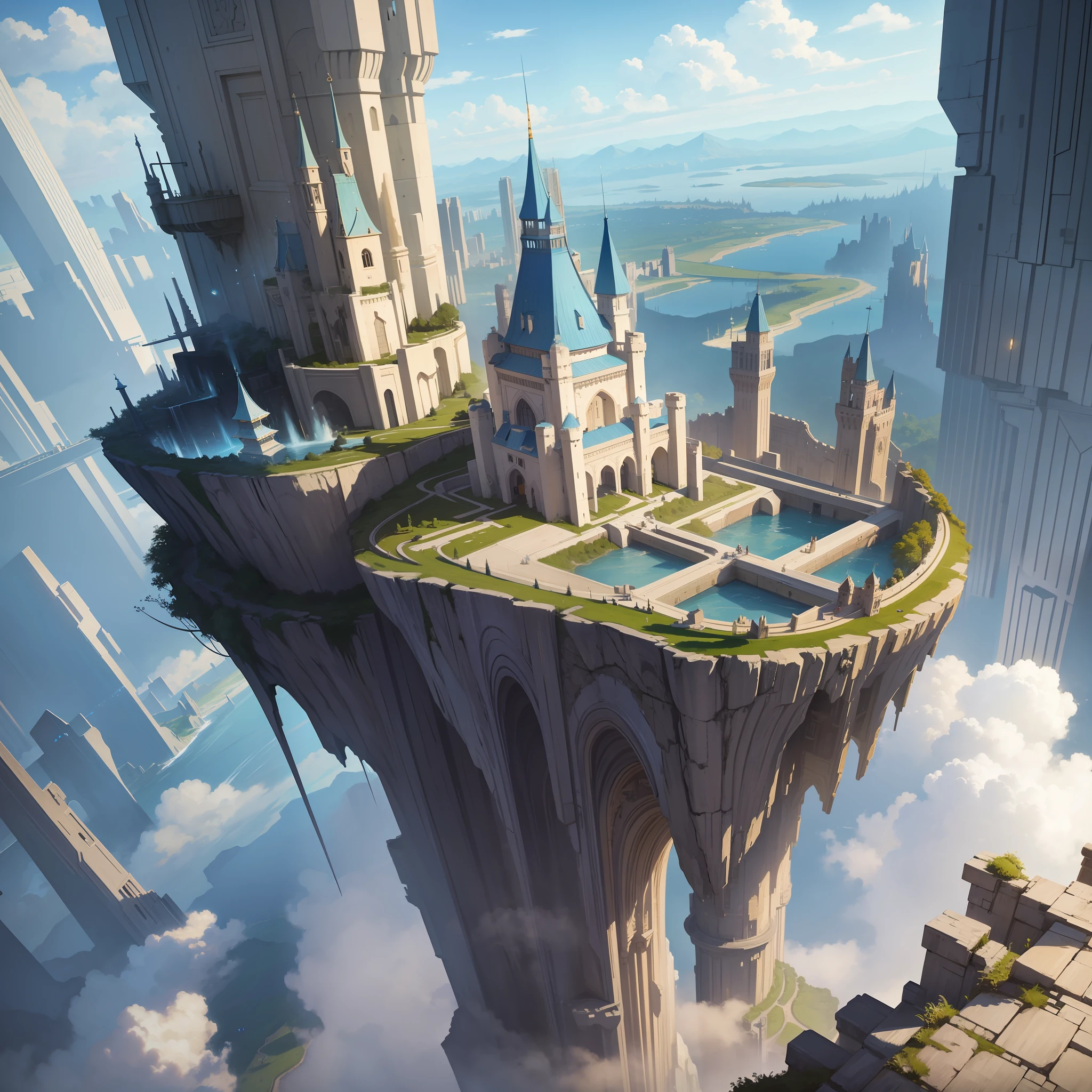 super huge castle cyberpunk sci-fi fantasy futuristic world top quality masterpiece waterfall aerial sky isekai