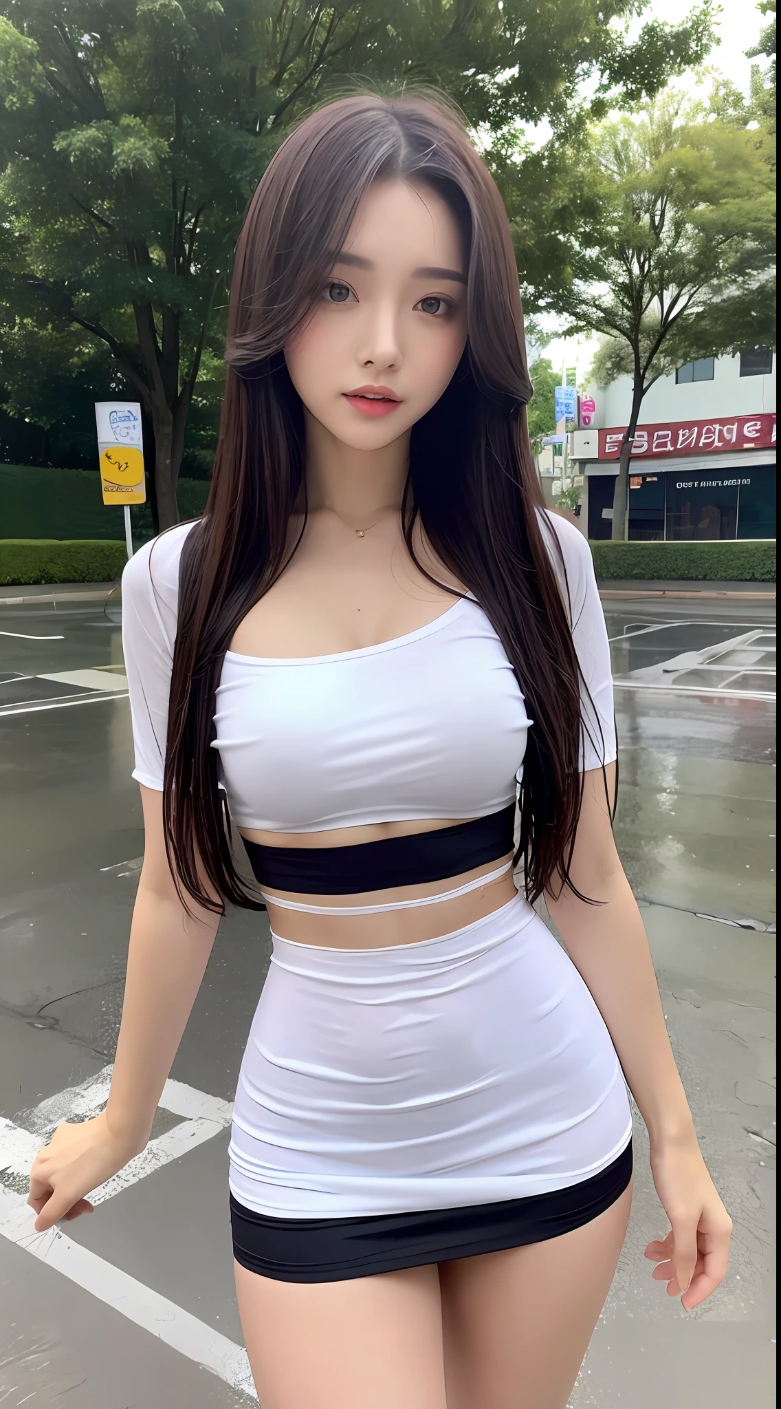 There is a woman in a white shirt, black miniskirt, wearing a lace top, sexy outfit, wearing a sheer shirt, wet shirt, revealing clothes, an open shirt, an open shirt, breast covering and SFW, sexy girl, wearing a cute top, very sexy clothes, a park aisle, at night, a Ferris wheel dotted with stars, wearing a tight simple dress, beautiful girl standing in the rain, sexy look, legs spread out, revealing panties, sexy ultra-thin short skirt