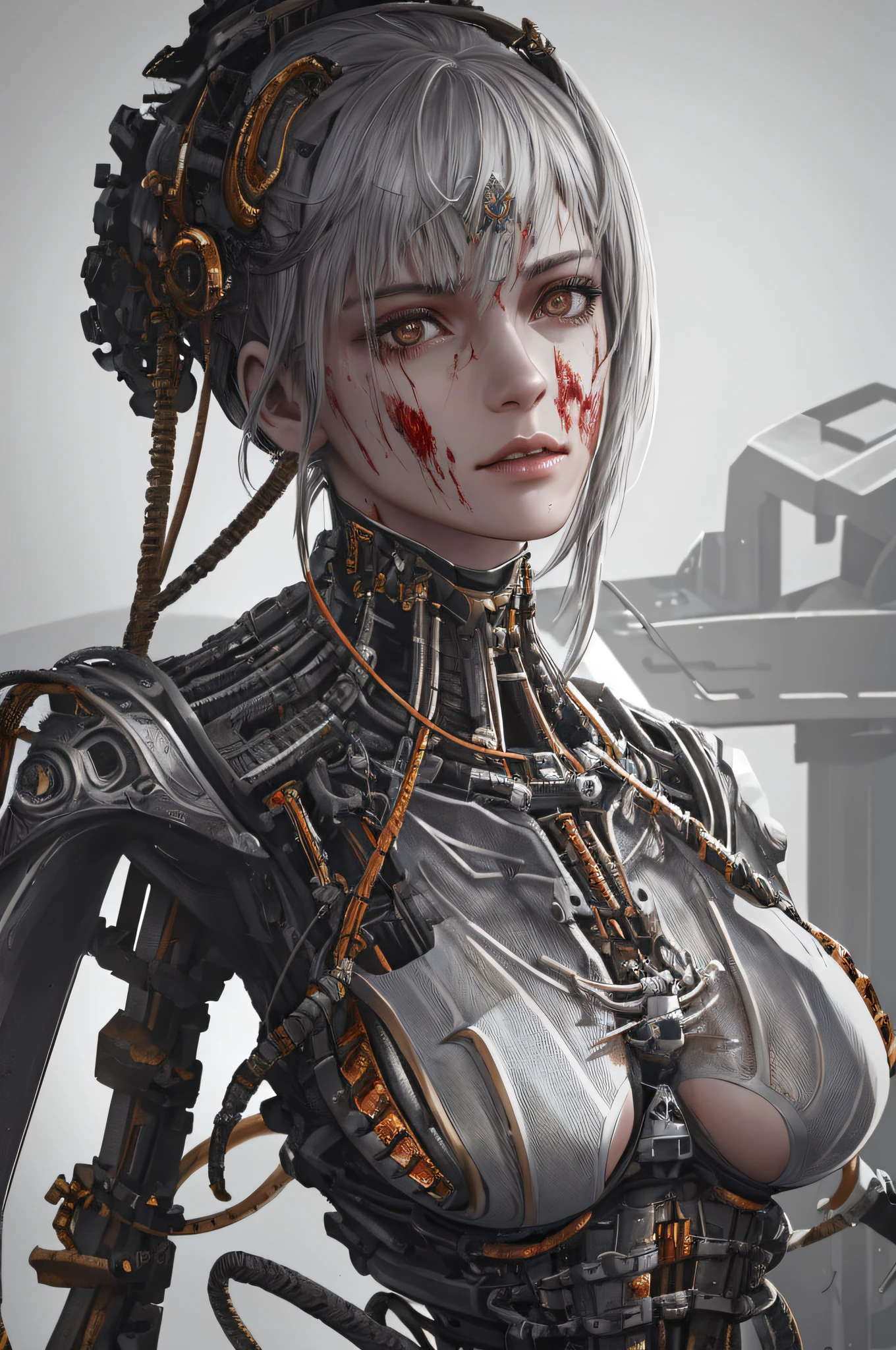 1mechanical girl,((ultra realistic details)), portrait, global illumination, shadows, octane render, 8k, ultra sharp,metal,intricate, ornaments detailed, cold colors, egypician detail, highly intricate details, realistic light, trending on cgsociety, glowing eyes, facing camera, neon details, machanical limbs,blood vessels connected to tubes,mechanical vertebra attaching to back,mechanical cervial attaching to neck,sitting,wires and cables connecting to head