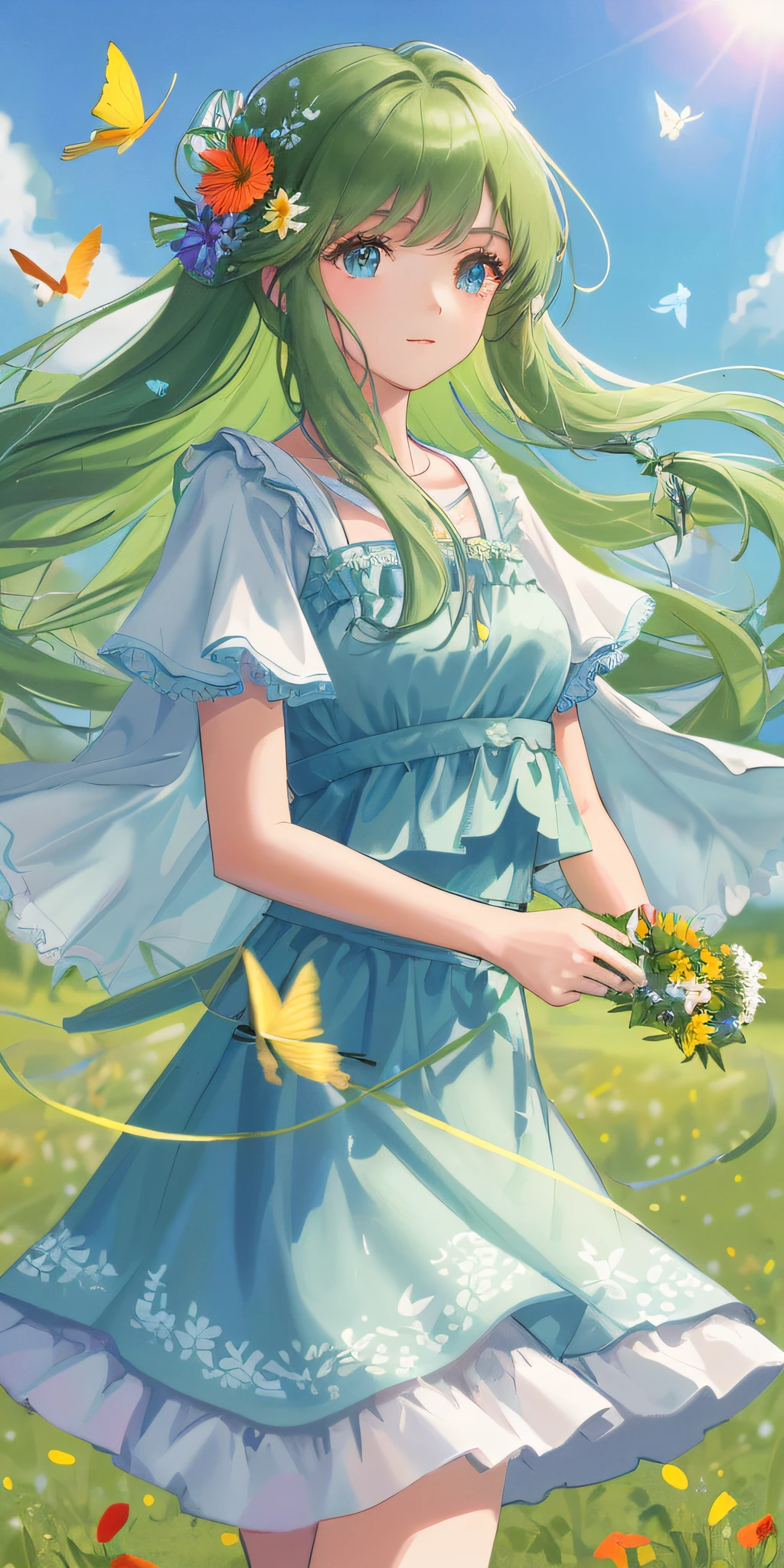 High Detail, Ultra Detail, Ultra High Resolution A cute and innocent girl is enjoying her time in an open field, surrounded by the beauty of nature, with the warm sun shining on her and wild flowers swaying gently in the breeze. Butterflies and birds flutter around her, adding to the playful atmosphere, --v6
