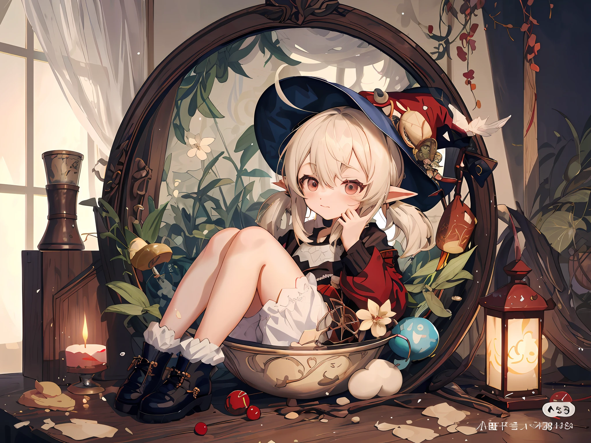 Anime girl sitting in bowl, stepping on cake, with candles and lanterns, kavasi, splash art anime loli, larafel, guvez on pisif art station, guvez, art station guvez on pisif, art station pisif trend, loli, alchemist girl, by Yang J, guvez style artwork (realistic 2.3)
