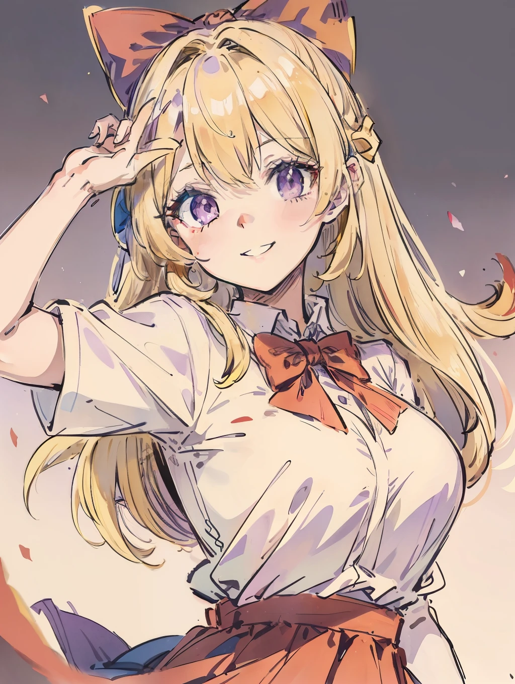 Two-dimensional, girly, gentle, yellow hair, hair between eyes, long hair, scattered, hair blown by the wind, purple eyes, big round eyes, cute, white shirt top, red bow tie, blue strap skirt, smile, classroom