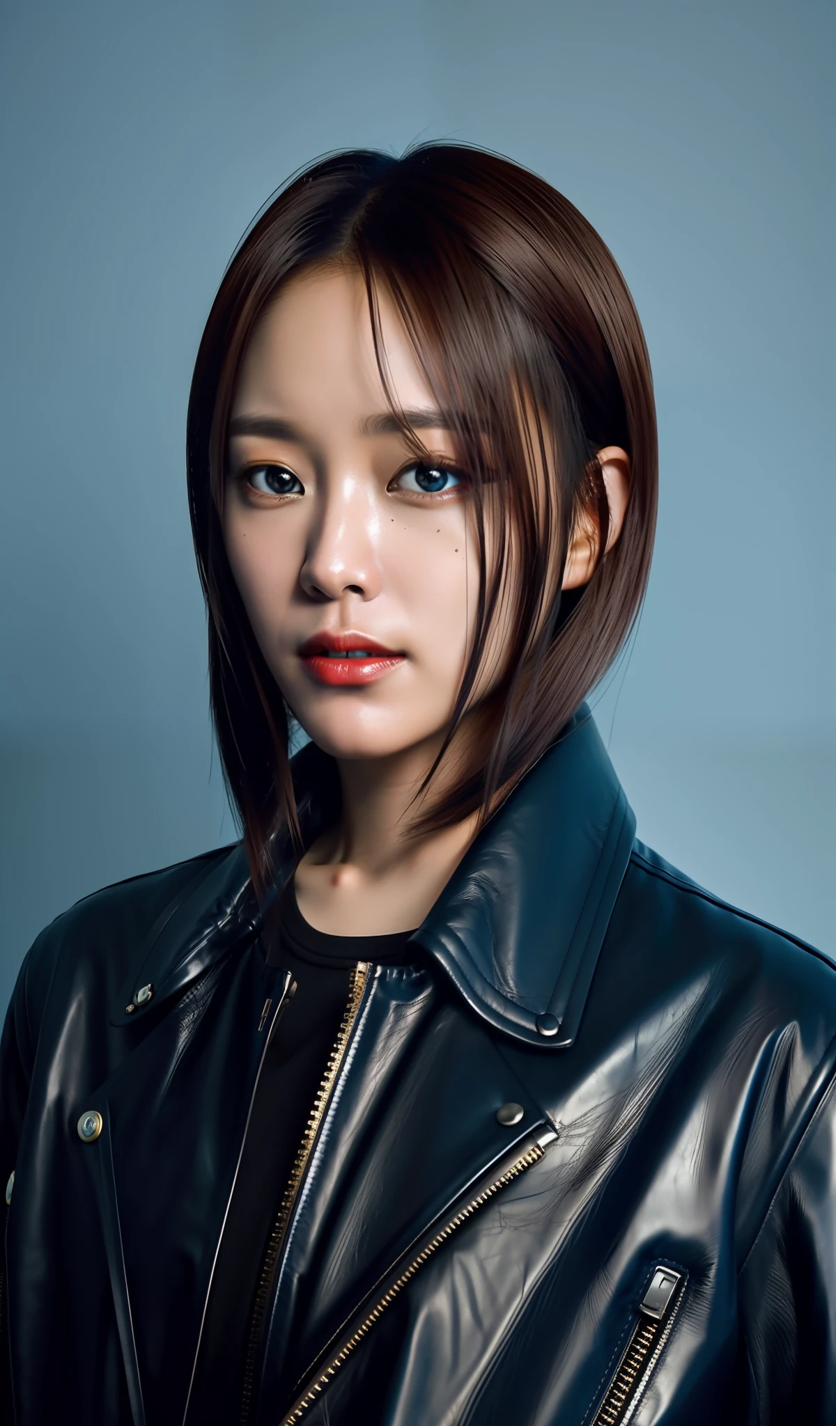 Portrait of a female cyborg, exposed wires, blue oil leaking from rusty wires, leather jacket black, dystropian background,