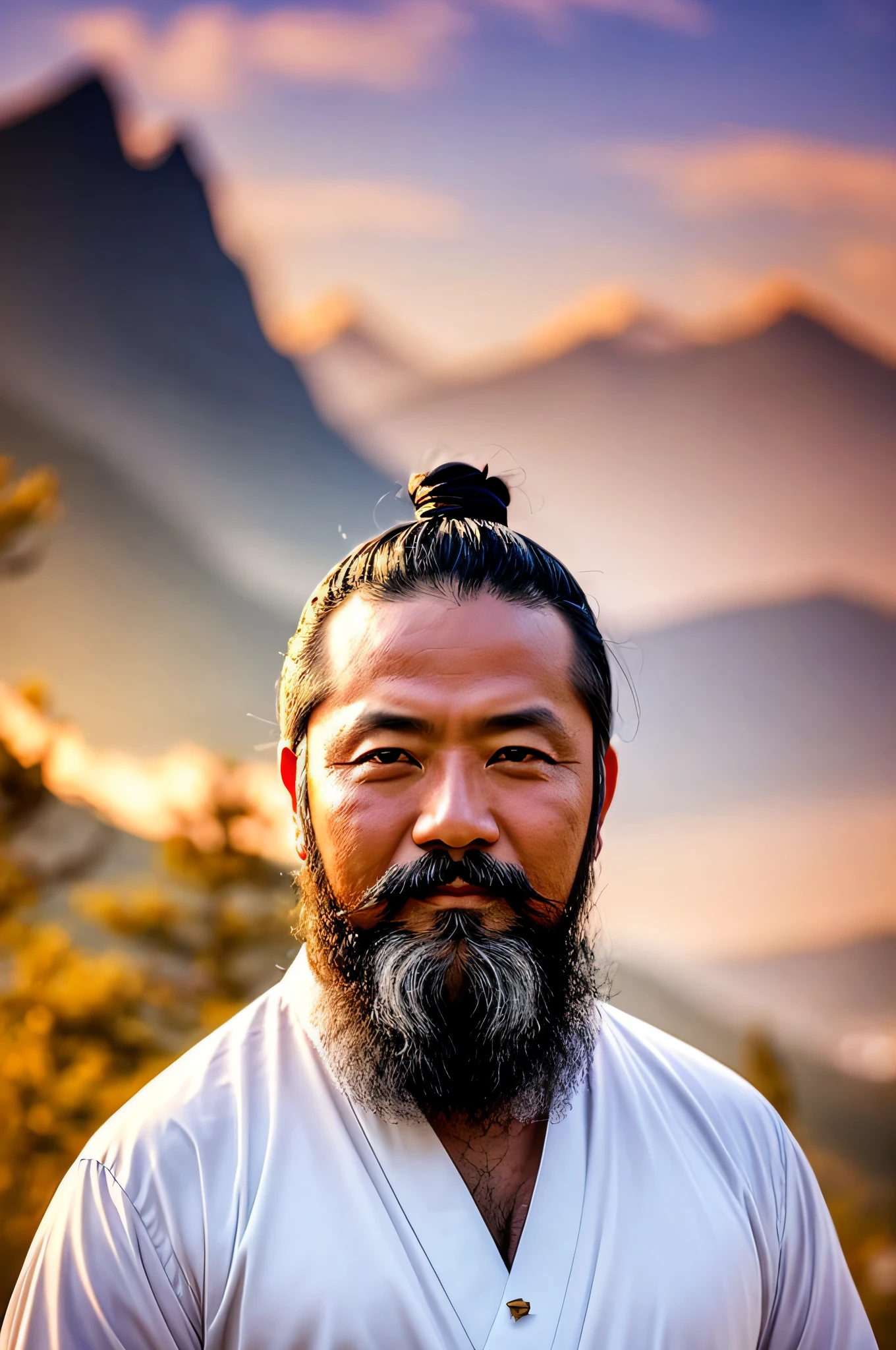 A middle-aged Taoist in white dress with beard, black hair, open eyes, and a smirk on his face, center frame,  symmetrical, cinematic lighting, mountain background, bokeh