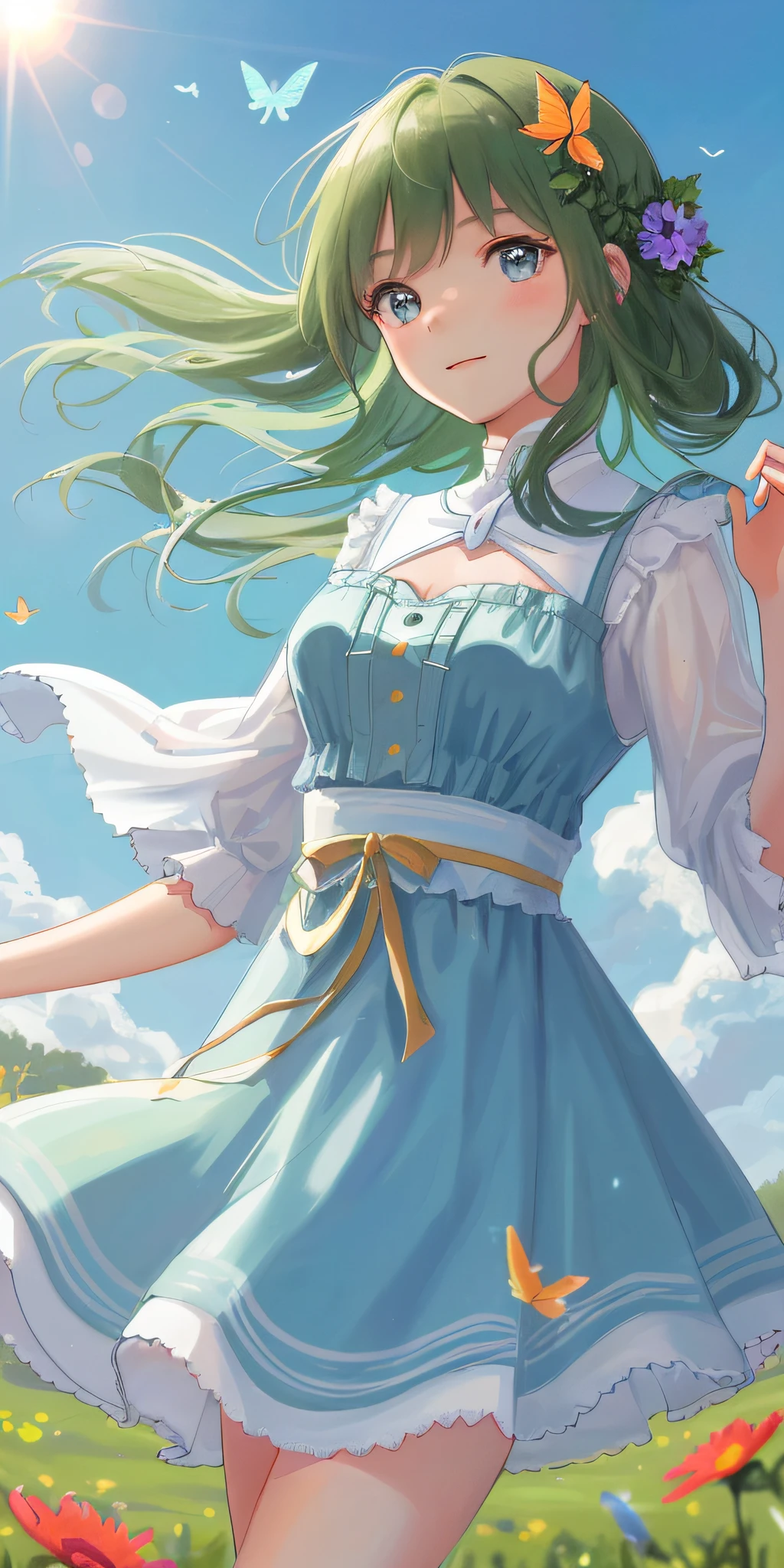High Detail, Ultra Detail, Ultra High Resolution A cute and innocent girl is enjoying her time in an open field, surrounded by the beauty of nature, with the warm sun shining on her and wild flowers swaying gently in the breeze. Butterflies and birds flutter around her, adding to the playful atmosphere, --v6