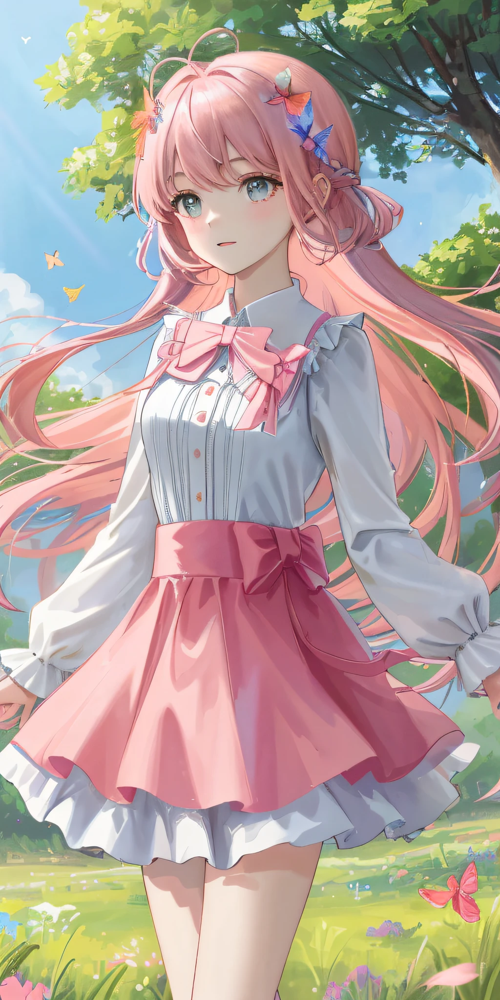 High Detail, Ultra Detail, Ultra High Resolution A cute and innocent girl enjoying her time in an open field, surrounded by the beauty of nature, warm sun sprinkling on her, pink hair, pale pink skirt, rainbow, wildflowers gently swaying in the breeze. Butterflies and birds flutter around her, adding to the playful atmosphere, --v6
