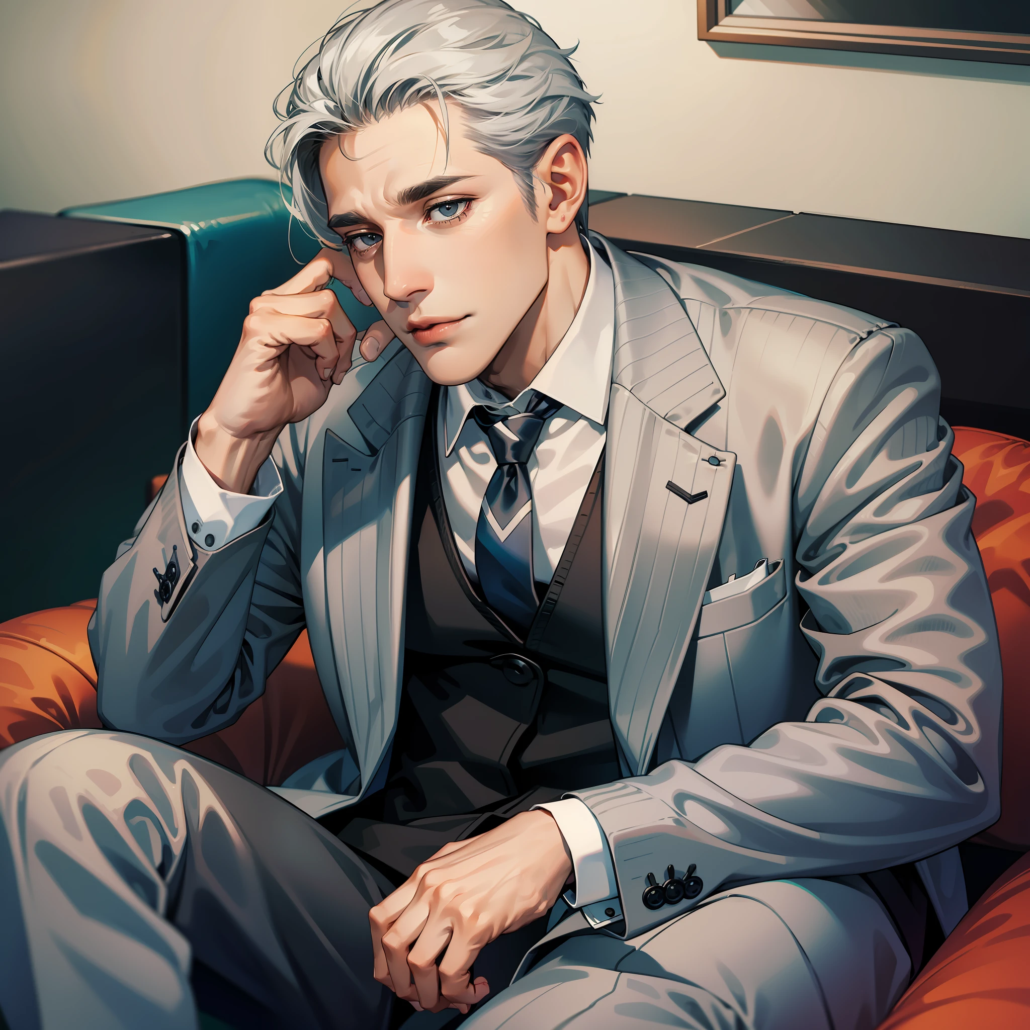 A man, middle-aged, gray hair, wrinkled, dark skin, wearing a suit, sitting on a sofa