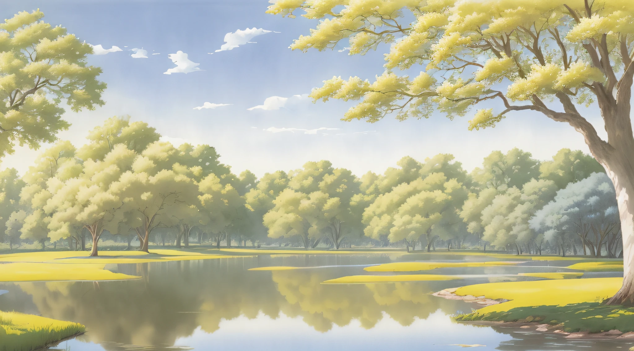 professional watercolor painting of a calm park with trees, next to water, in landscape with water with pattern at afternoon, summer, studio ghibli smooth concept art, (pale, dim) colors, beautiful sunny lighting, foggy background, shin hanga, very pale yellow white bright sky through trees, steppe, glowing white, by Greg Hildebrandt, by Brothers Hildebrandt