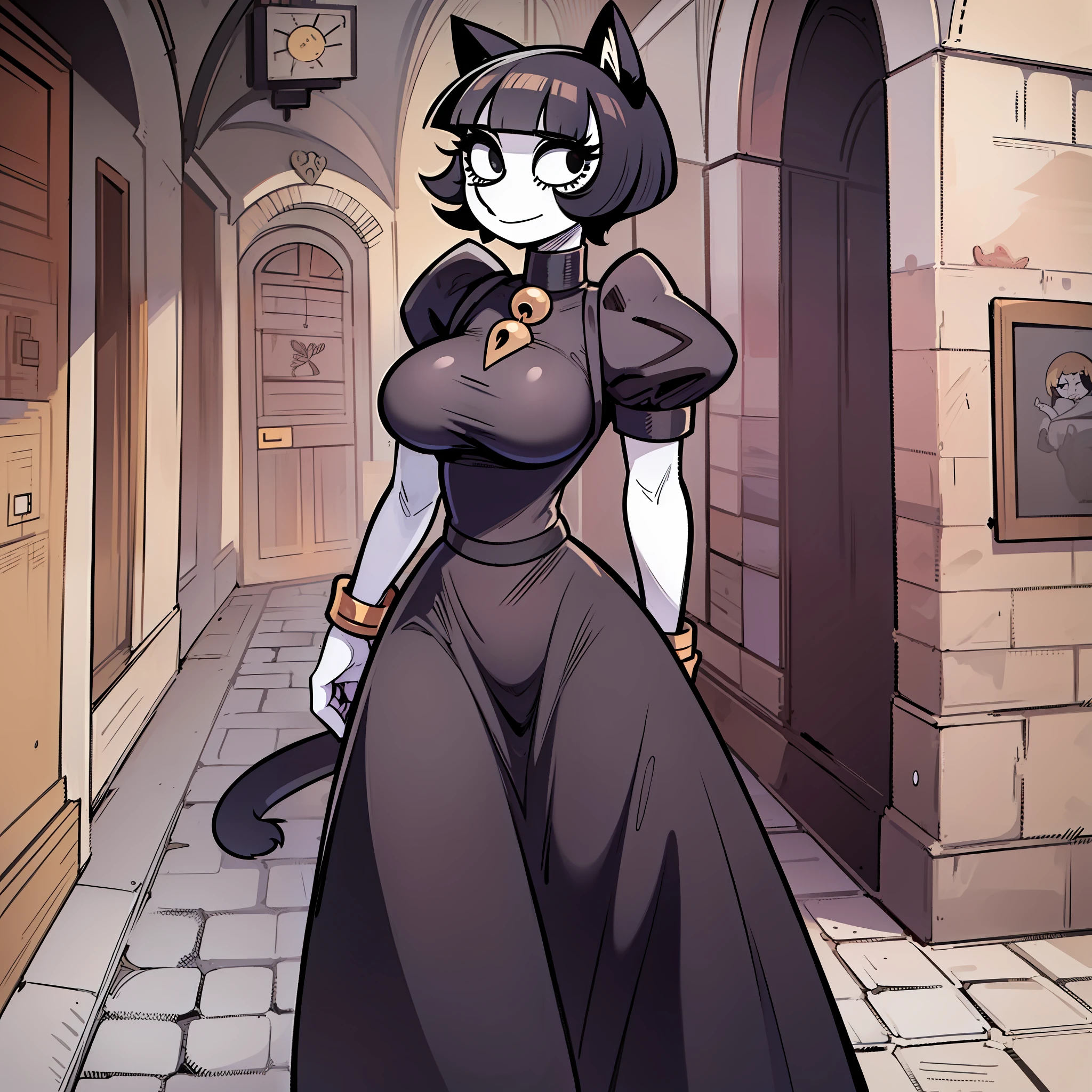 catgirl, short hair, black hair, cat ears, long nose, pale skin, long dress, black dress, victorial clothes, walking, portrait, 1character, medieval village, goth, no comic, huge breast, black eyes