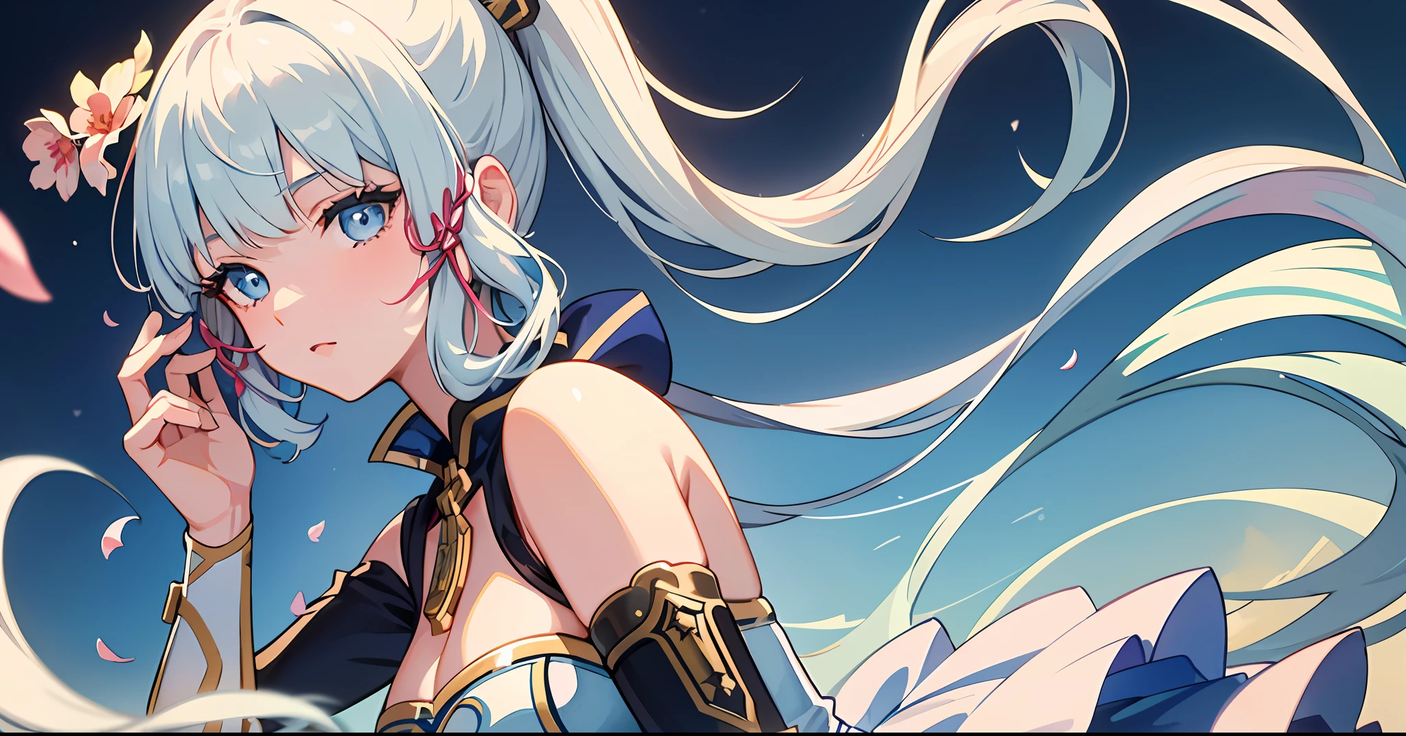 (masterpiece:1.2, best quality), (finely detailed beautiful eyes: 1.2), ((1girl)), ((solo)), a girl with mint hair, worn loose and wavy that some of her hair cover he face, light blue eyes with long eyelashes, (finely detailed eyes and detailed face:1.3), (beautiful and clear background:1.2), (extremely detailed CG, ultra-detailed, best shadow:1.1), ((depth of field)), ((watercolor)), (human1.5), (idol uniform:1.3), large breasts, bare shoulders, flowers and petals, beautiful concept illustration, (white background:0.5), (illustration:1.1), (extremely fine and beautiful:1.1), (perfect details:1.1), from side, cowboy shot,