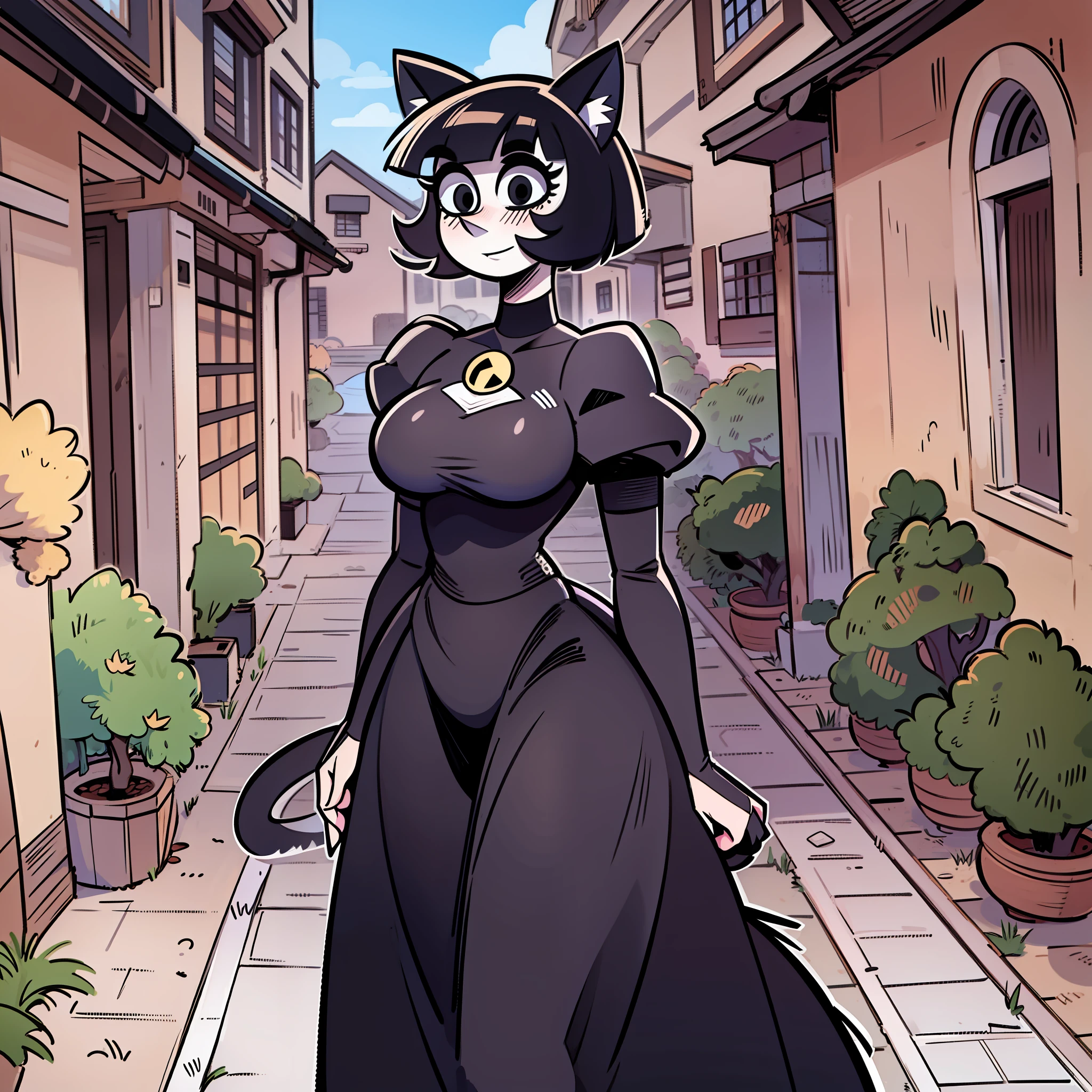 catgirl, short hair, black hair, cat ears, long nose, pale skin, long dress, black dress, victorial clothes, walking, portrait, 1character, medieval village, goth, no comic, huge breast, black eyes