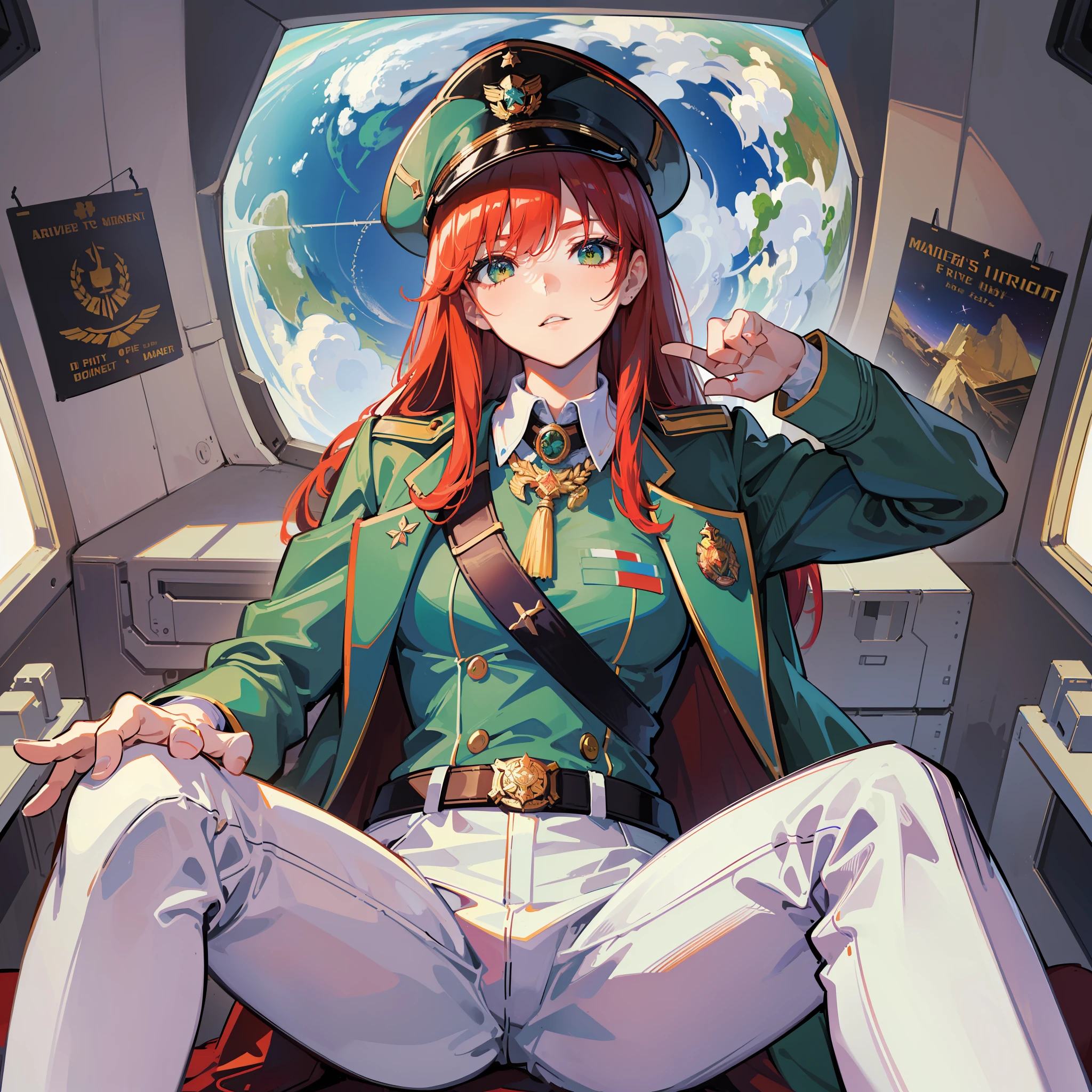 ((Masterpiece)), ((Highest Image Quality)), ((Best Quality)), (Illustration of One Girl), Full Body, 25 Years Old, long Red Hair, (Thin Hair on Both Sides of Face), green Eyes, (((Tall)), ((Muscular Strong Body)), ((Manspreading)), Open Legs, (((Military Uniform)), (Military Hat)), (Military Coat)), (White Clothes), (White Pants), (White Hat), Trench Coat, ((Inside the spaceship, sitting in the captain's seat)), (outside the window, space, Earth seen from space, spaceport)