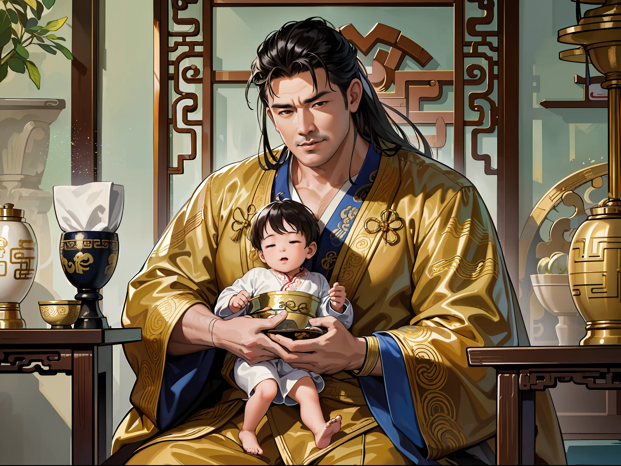 (ridiculous, high resolution, super detailed, realistic,), 1 middle-aged fat man, 50 years old, Qing dynasty style, gold theme robe, greasy, rich, rich man, sitting, holding a child, little boy, sick, small child asleep,, ancient Chinese style, HD photo.