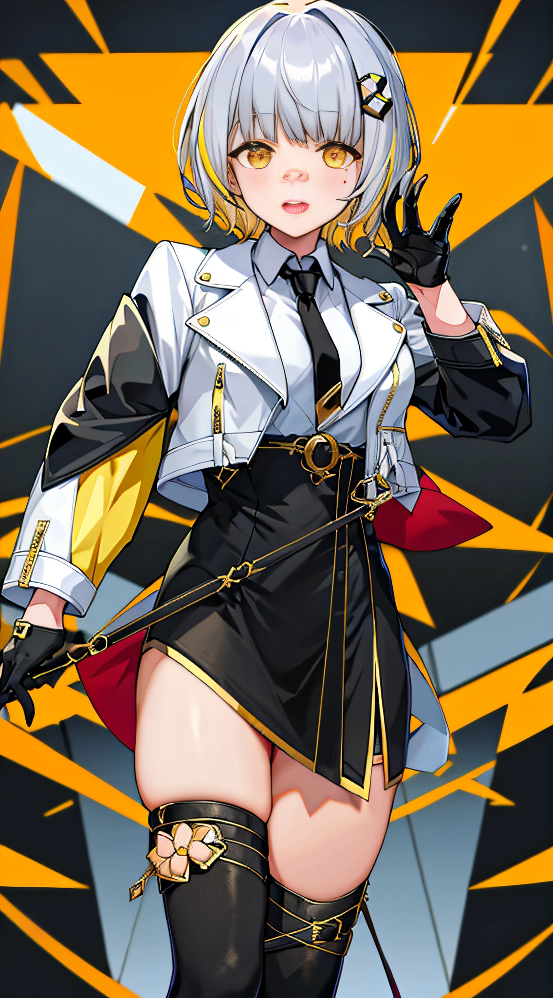 masterpiece, hachi_(vtuber), 1girl, gloves, virtual youtuber, jacket, blonde hair, black gloves, necktie, white jacket, short hair, hair ornament, cropped jacket, multicolored hair, yellow eyes, long sleeves, thighhighs, black necktie, grey hair, black skirt, skirt, black dress, shirt, mole under eye, cowboy shot,