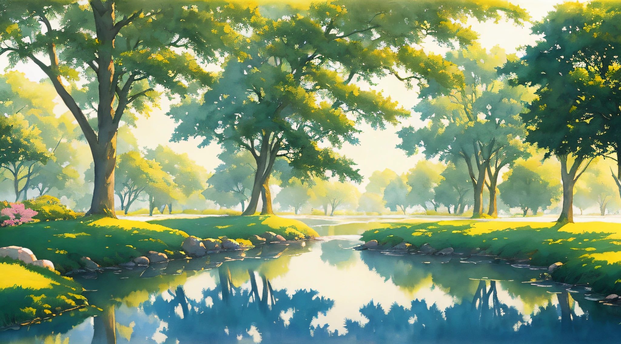 professional watercolor painting of a calm park with trees, next to water, in landscape with water with pattern at afternoon, summer, studio ghibli smooth concept art, (pale, dim) colors, beautiful sunny lighting, foggy background, shin hanga, very pale yellow white bright sky through trees, steppe, glowing white, by Greg Hildebrandt, by Brothers Hildebrandt