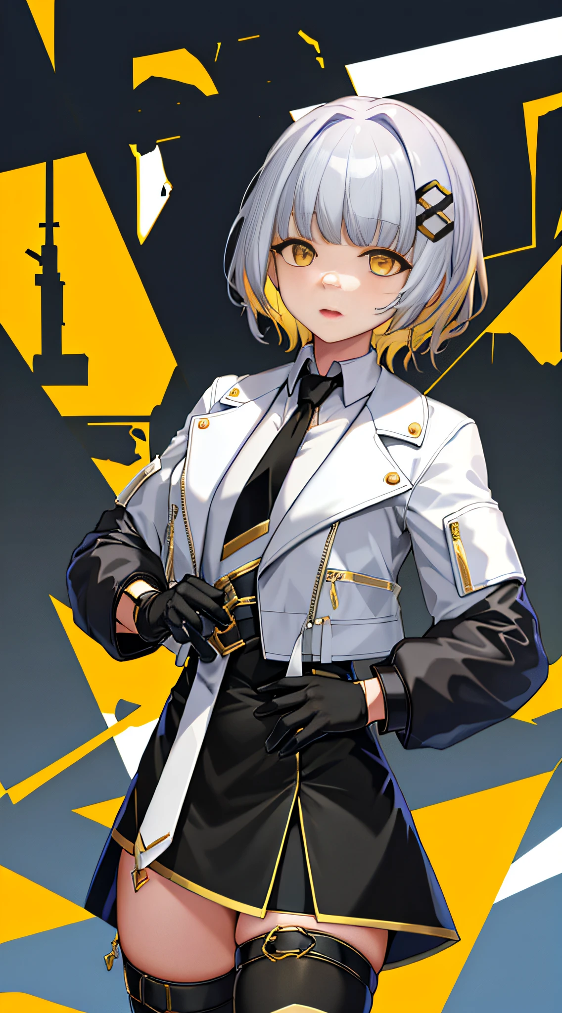 masterpiece, hachi_(vtuber), 1girl, gloves, virtual youtuber, jacket, blonde hair, black gloves, necktie, white jacket, short hair, hair ornament, cropped jacket, multicolored hair, yellow eyes, long sleeves, thighhighs, black necktie, grey hair, black skirt, skirt, black dress, shirt, mole under eye, cowboy shot,