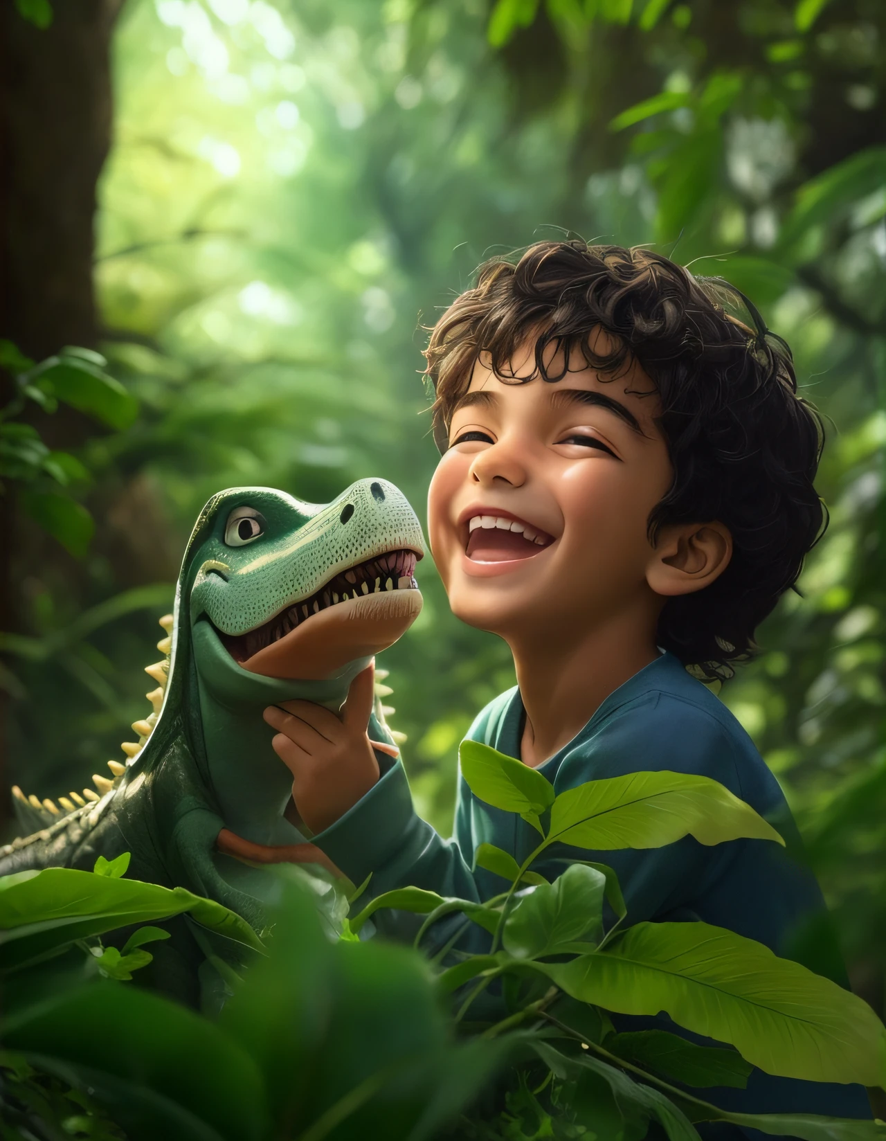 arafed boy playing with a toy dinosaur in a forest, pixar portrait 8k photo, children's art in artstation, adorable digital painting, photorealistic disney, weta pixar portrait, inspired by Abidin Dino, ultra realistic 3d illustration, hyper realistic adventure render, by Alexander Kucharsky, disney realistic photo, inspired by Rudy Siswanto, toy commercial photo