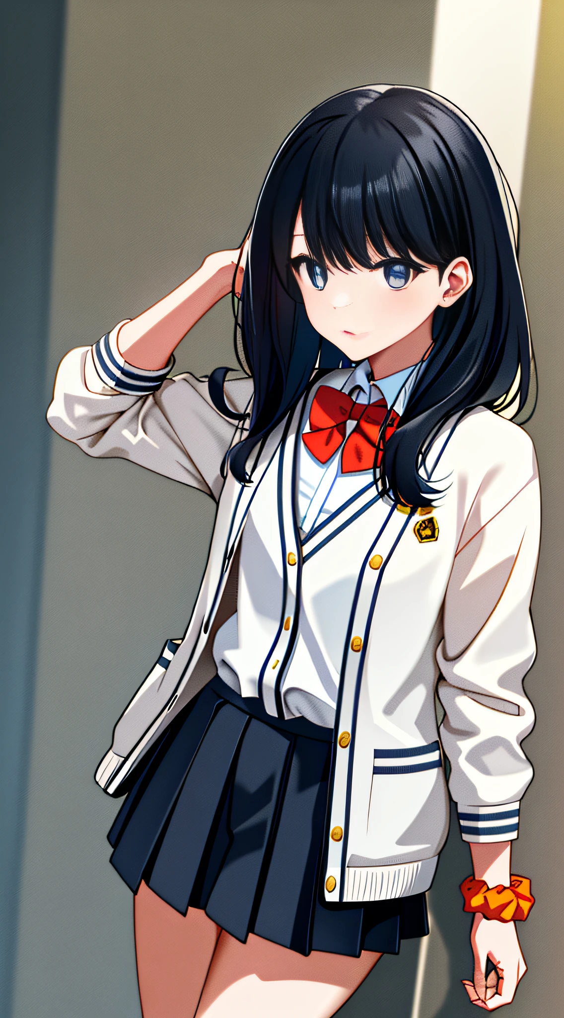 masterpiece, best quality, highres, rikka1, 1girl, takarada rikka, black hair, solo, blue eyes, wrist scrunchie, long hair, red socks, school uniform, black skirt, bangs, pleated skirt, orange scrunchie, red bow, white cardigan, long sleeves, bowtie, white shirt, miniskirt, white sweater, cowboy shot,