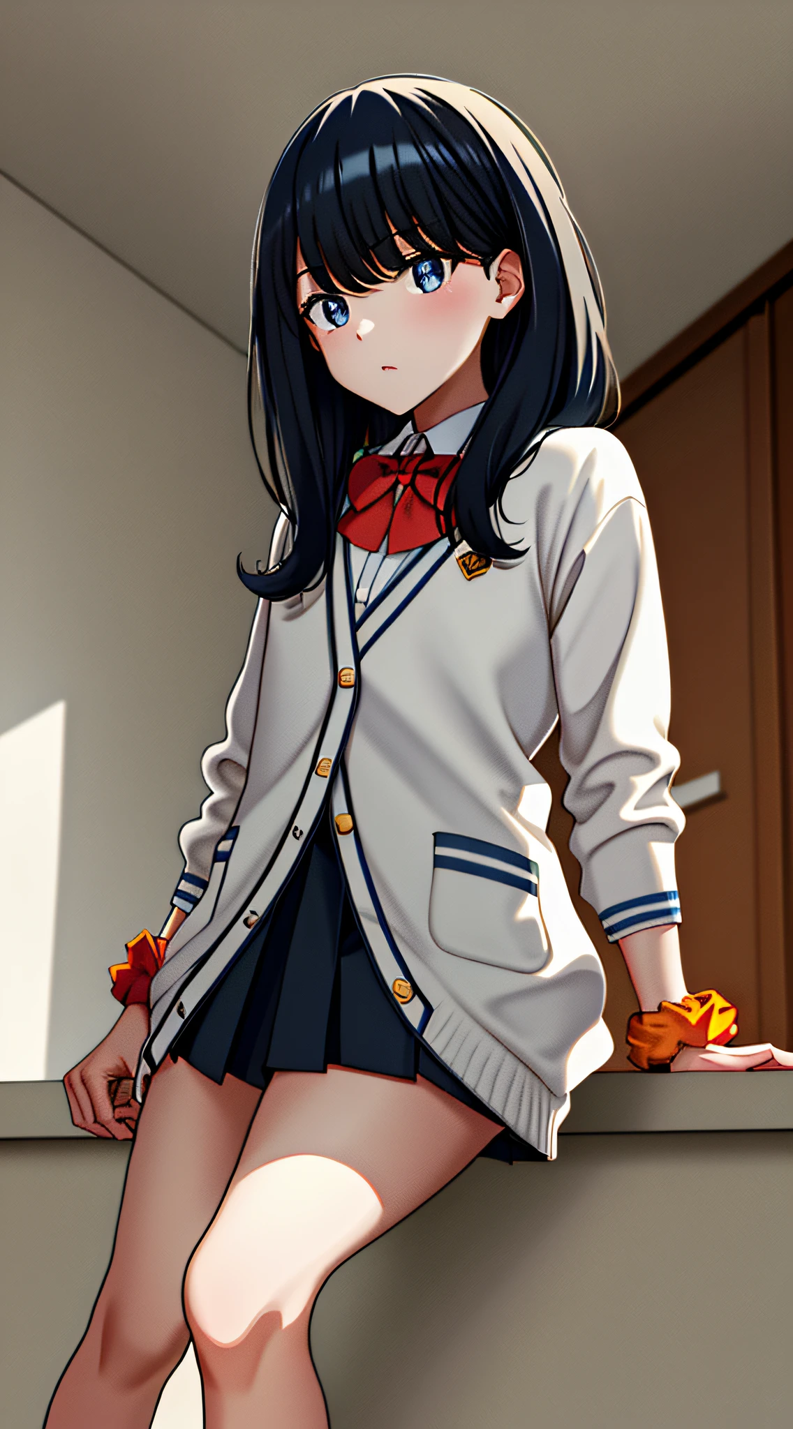 masterpiece, best quality, highres, rikka1, 1girl, takarada rikka, black hair, solo, blue eyes, wrist scrunchie, long hair, red socks, school uniform, black skirt, bangs, pleated skirt, orange scrunchie, red bow, white cardigan, long sleeves, bowtie, white shirt, miniskirt, white sweater, cowboy shot,