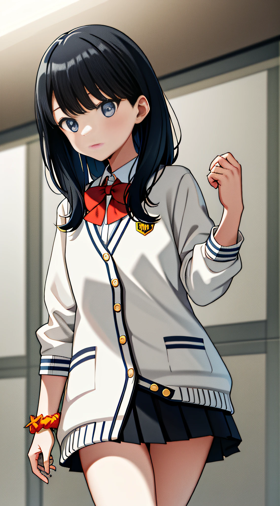 masterpiece, best quality, highres, rikka1, 1girl, takarada rikka, black hair, solo, blue eyes, wrist scrunchie, long hair, red socks, school uniform, black skirt, bangs, pleated skirt, orange scrunchie, red bow, white cardigan, long sleeves, bowtie, white shirt, miniskirt, white sweater, cowboy shot,