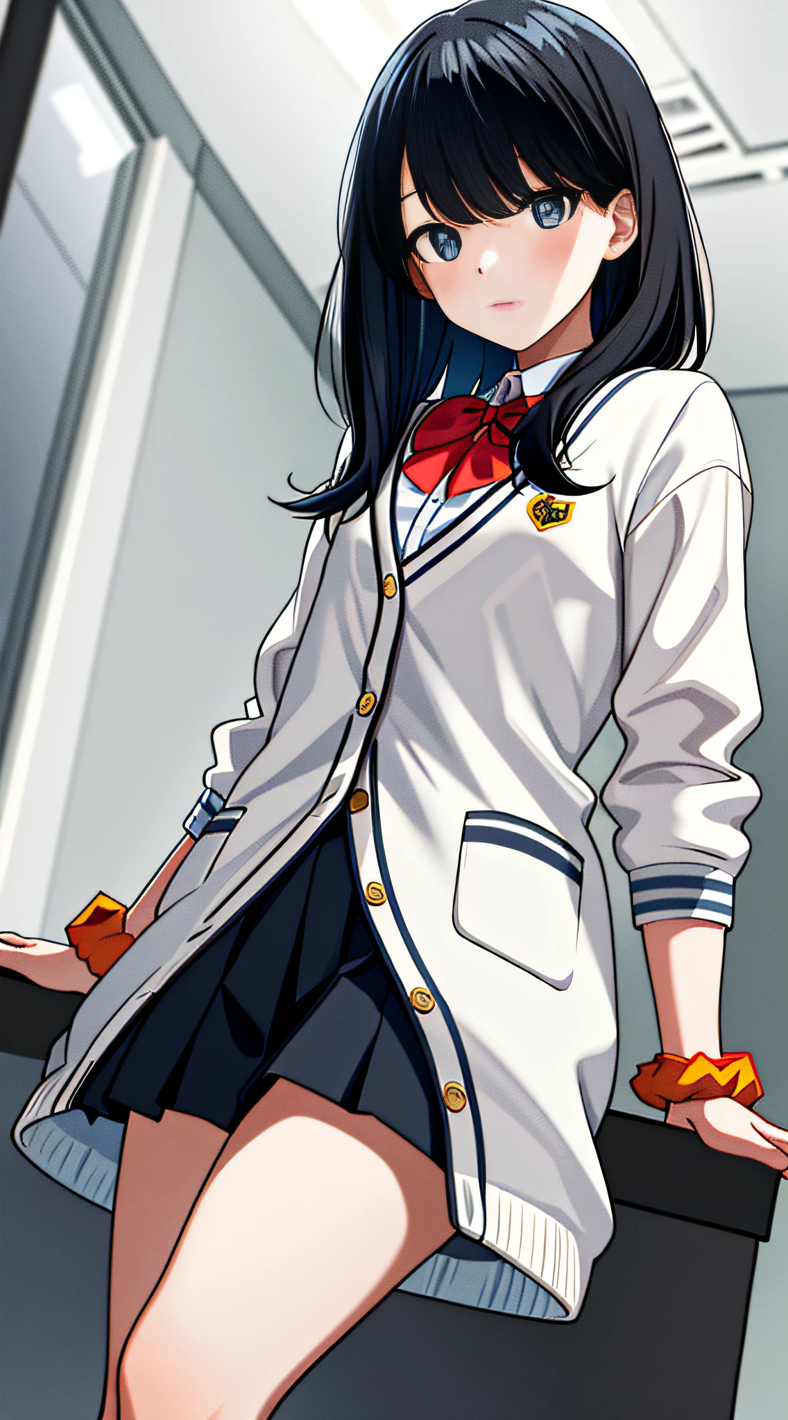 masterpiece, best quality, highres, rikka1, 1girl, takarada rikka, black hair, solo, blue eyes, wrist scrunchie, long hair, red socks, school uniform, black skirt, bangs, pleated skirt, orange scrunchie, red bow, white cardigan, long sleeves, bowtie, white shirt, miniskirt, white sweater, cowboy shot,